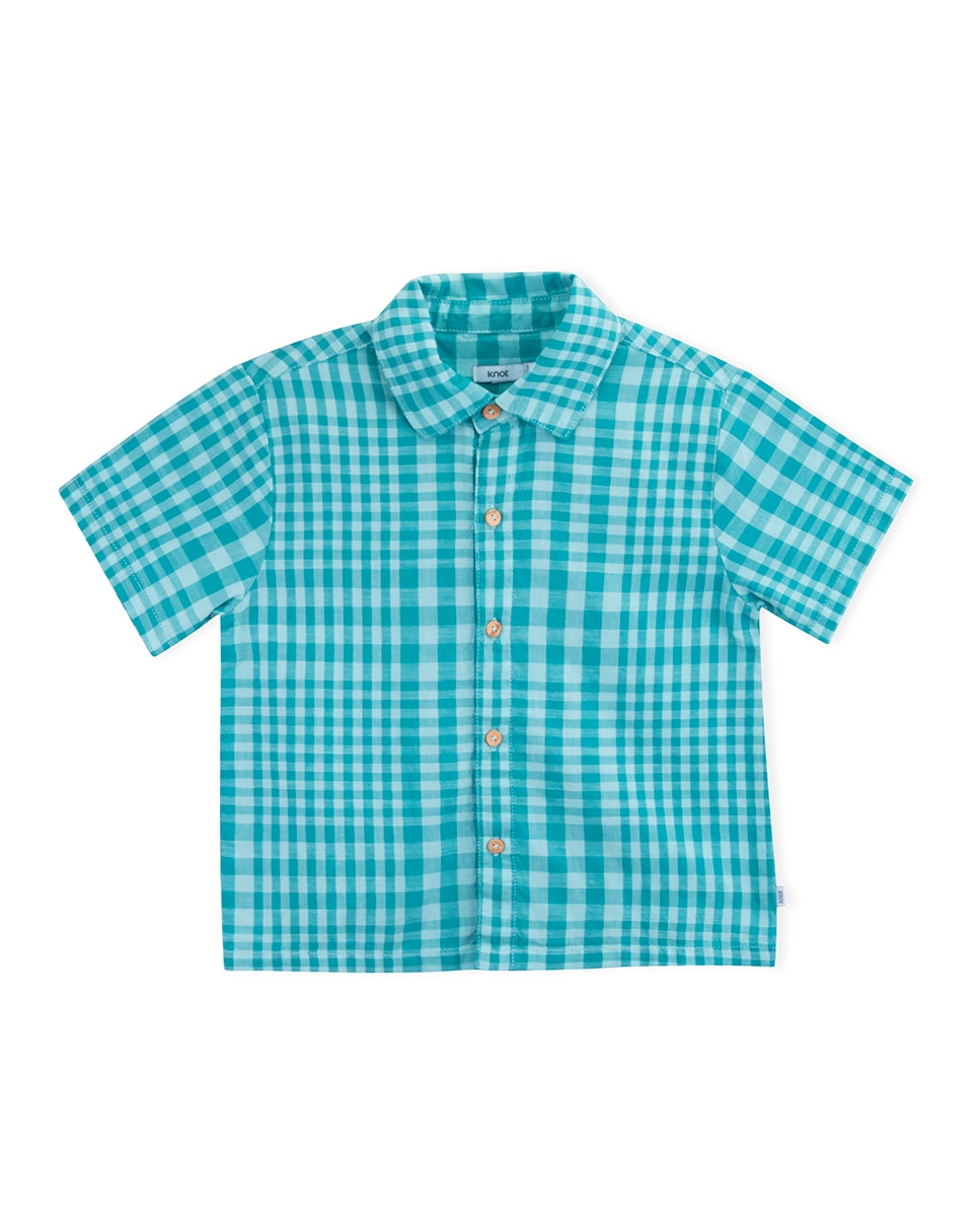 Camisa de menino de manga curta de xadrez KNOT Turquesa-1