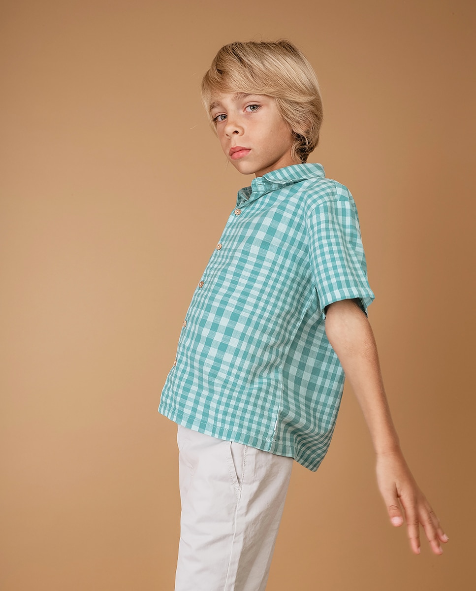 Camisa de menino de manga curta de xadrez KNOT Turquesa-3