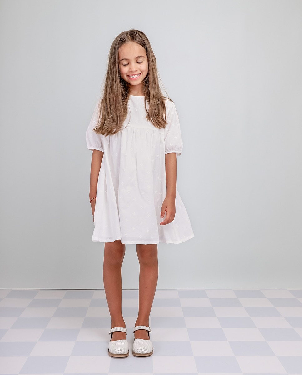 Vestido Infantil de Algodão com Bordado Inglés KNOT Branco-3