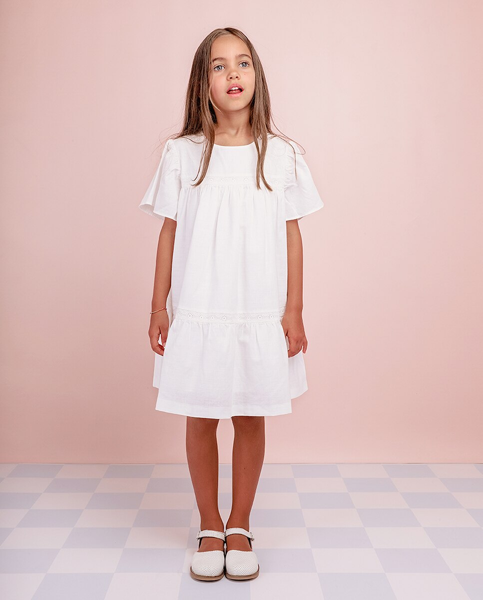 Vestido Infantil de Algodão com Manga Curta KNOT Branco-3