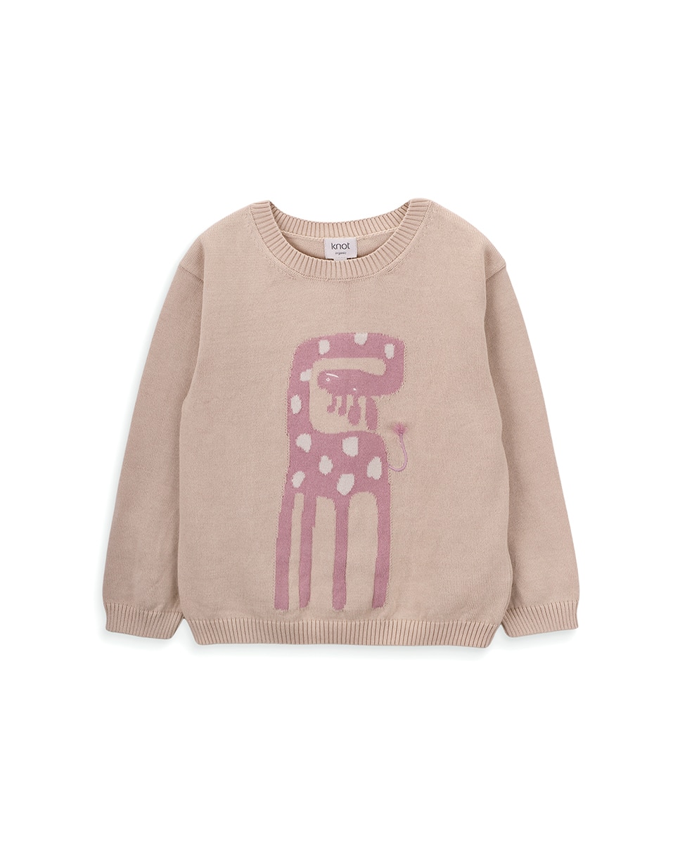 Camisola de Malha de Menina com Jacquard de Girafa KNOT Bege-1