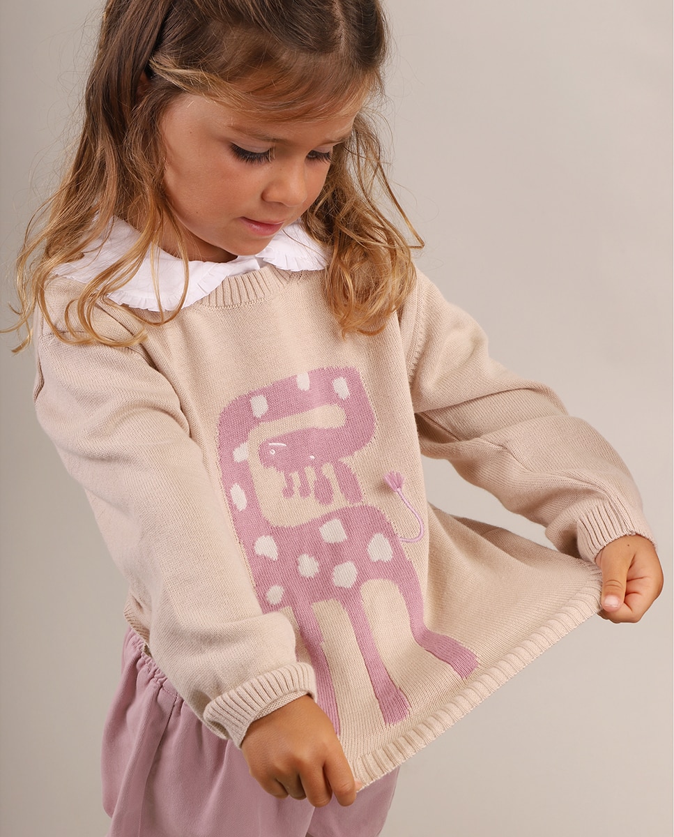 Camisola de Malha de Menina com Jacquard de Girafa KNOT Bege-4