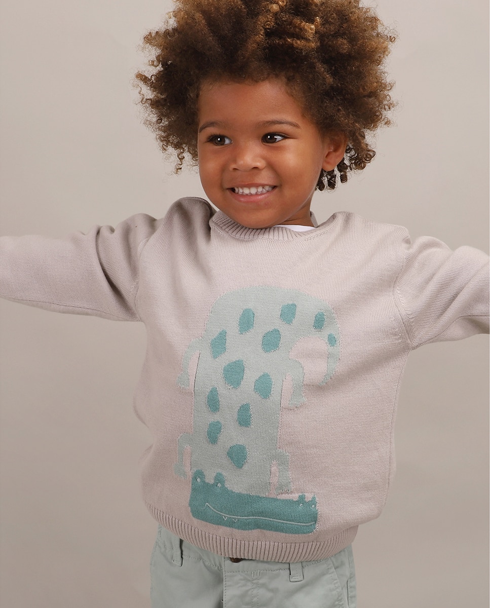 Camisola de Malha de Menino com Jacquard de Crocodilo Pedra-4