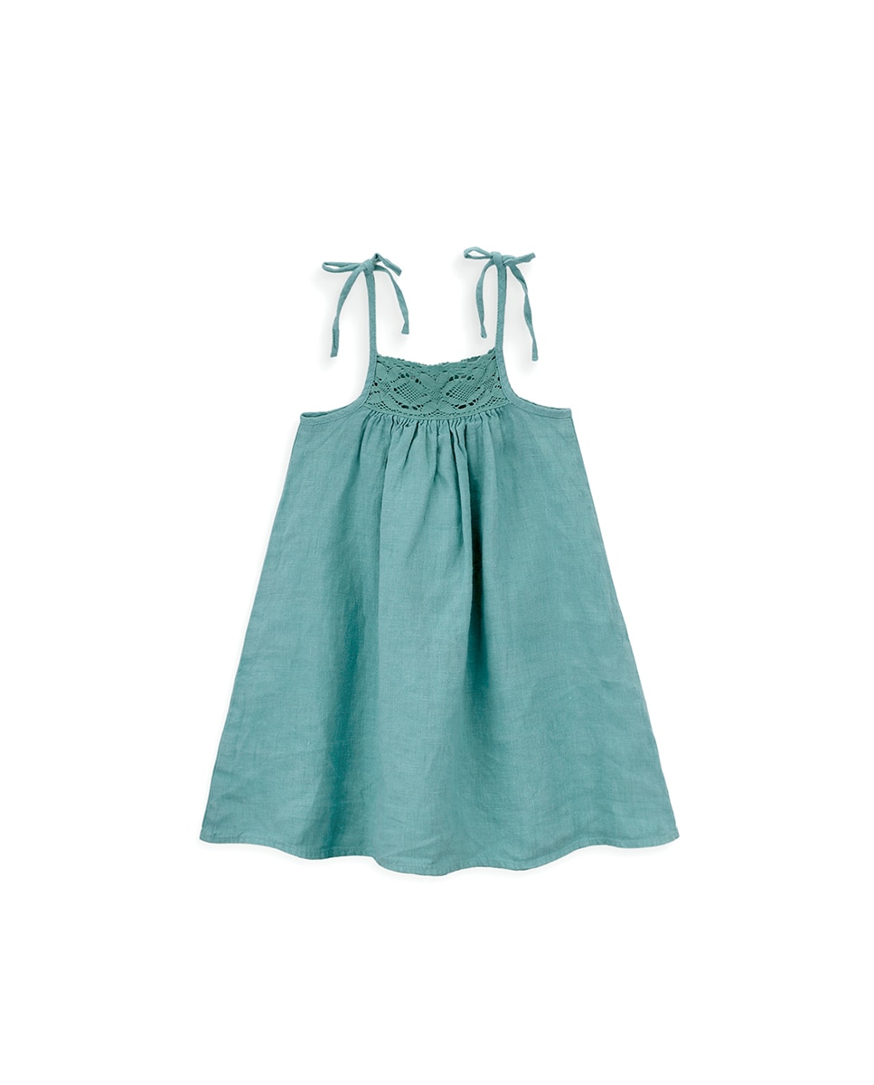 Vestido de Menina em Linho com Alças e Peito em Crochet KNOT Verde-menta-2