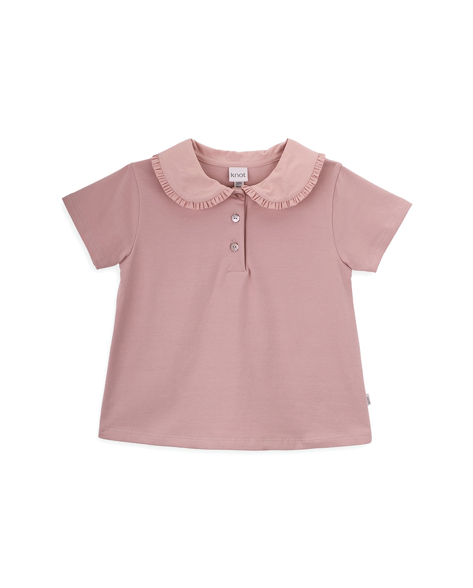Polo de Menina em Algodão Orgânico com Gola com Folho KNOT Rosa-1