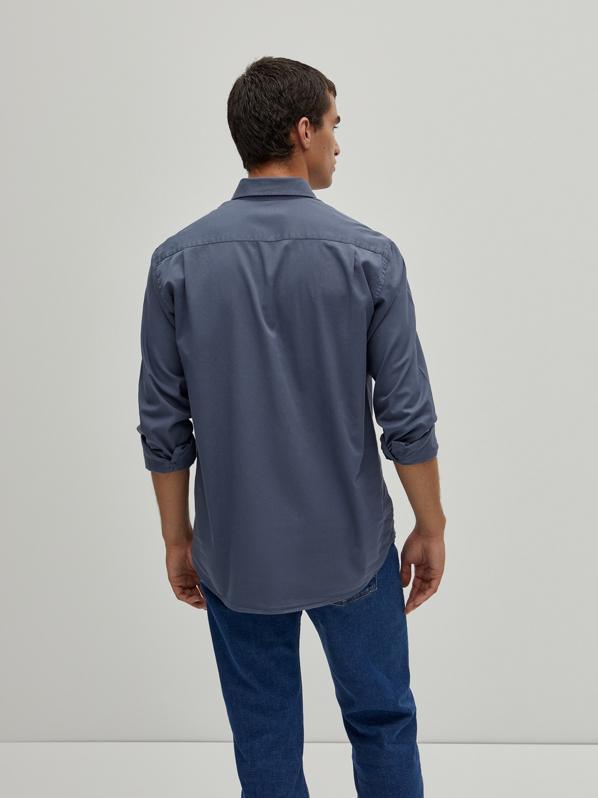 Camisa Lisa Regular Fit de Algodão Azul-5