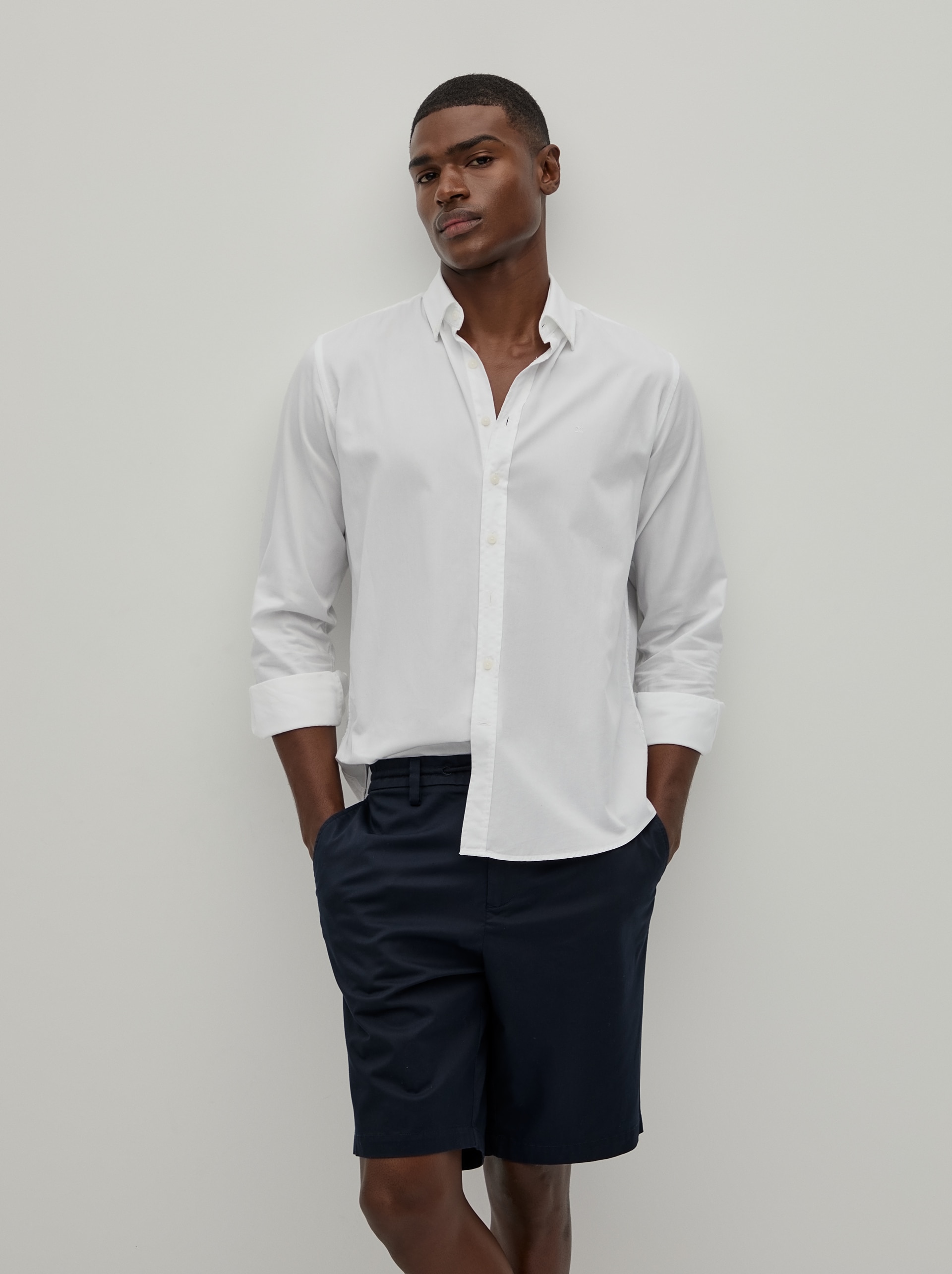 Camisa Lisa Regular Fit de Algodão Branco-1