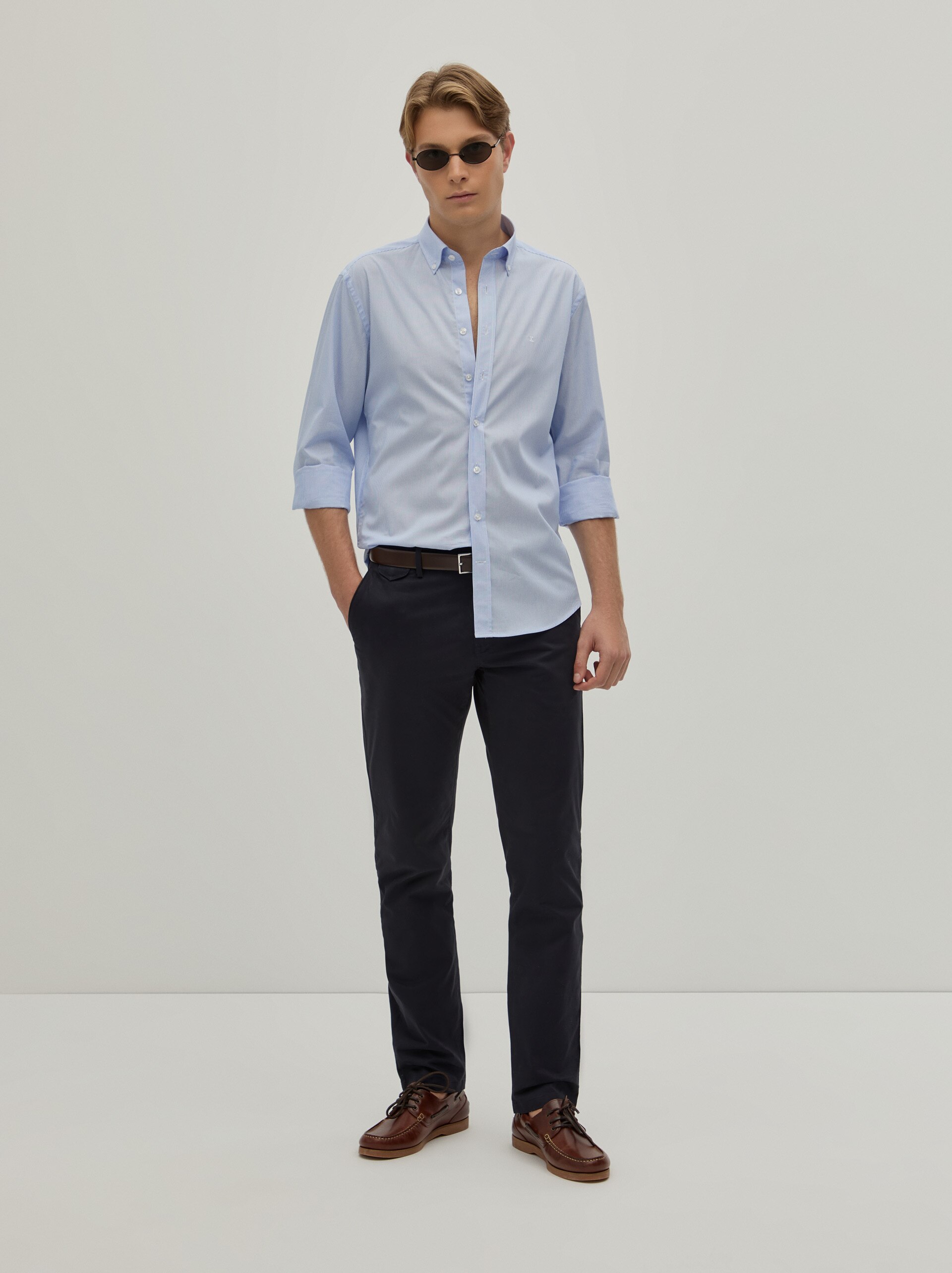 Camisa Regular Fit às Riscas em Popelina Azul-2