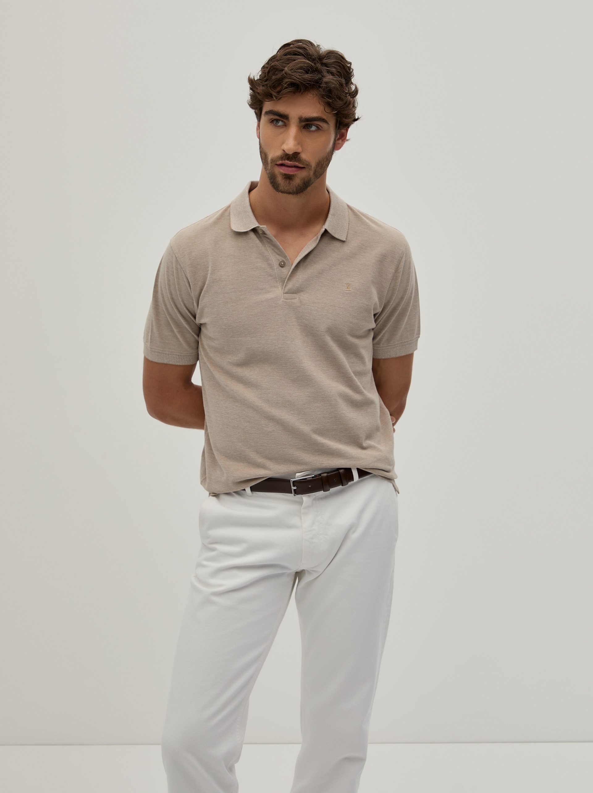 Polo Piqué Bicolor em Algodão Bege-3