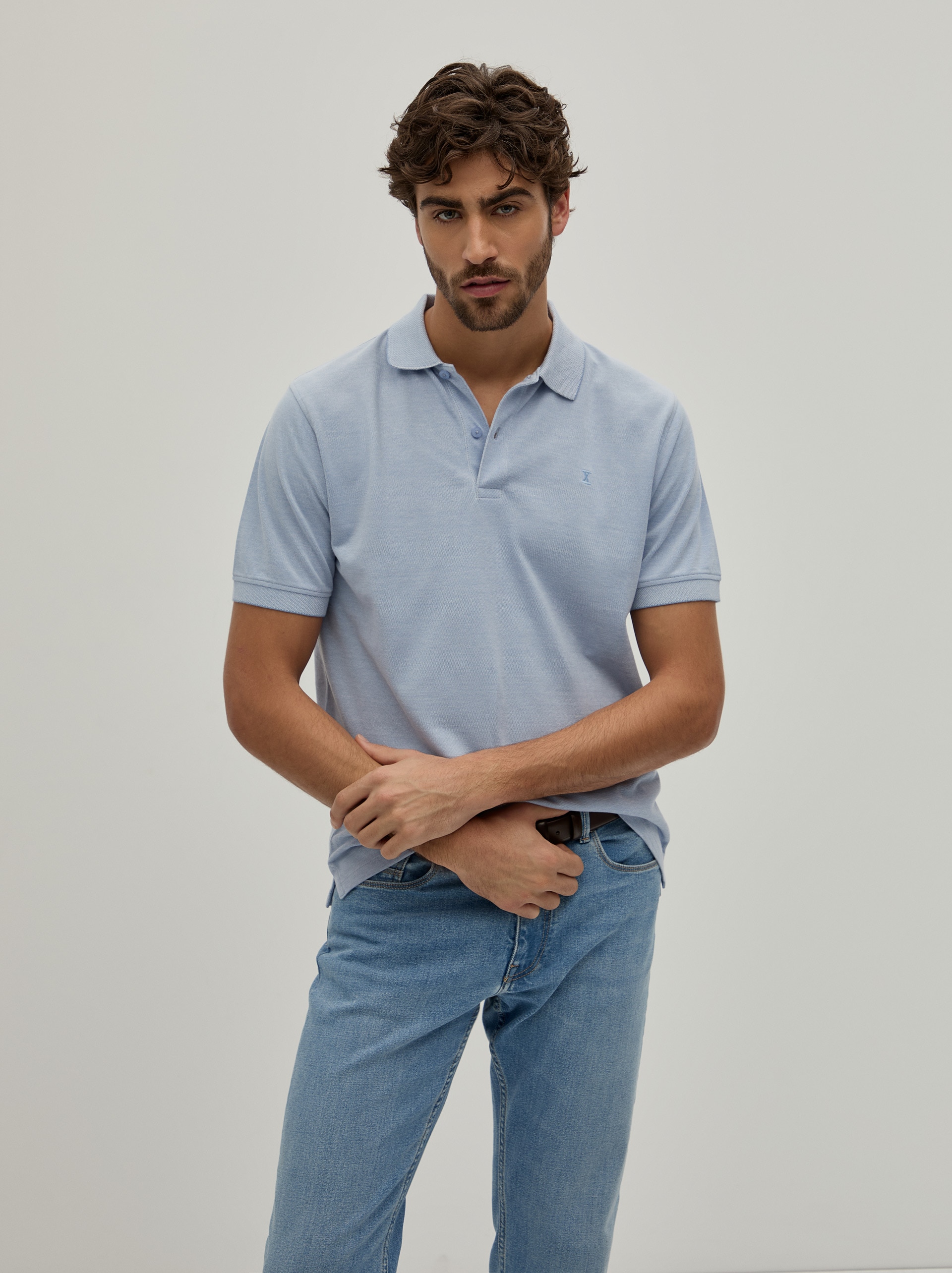 Polo Piqué Bicolor em Algodão Azul-1
