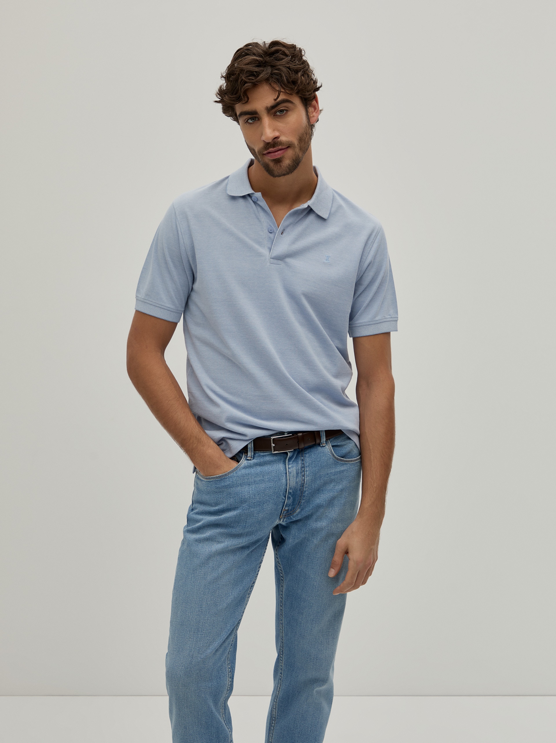 Polo Piqué Bicolor em Algodão Azul-3