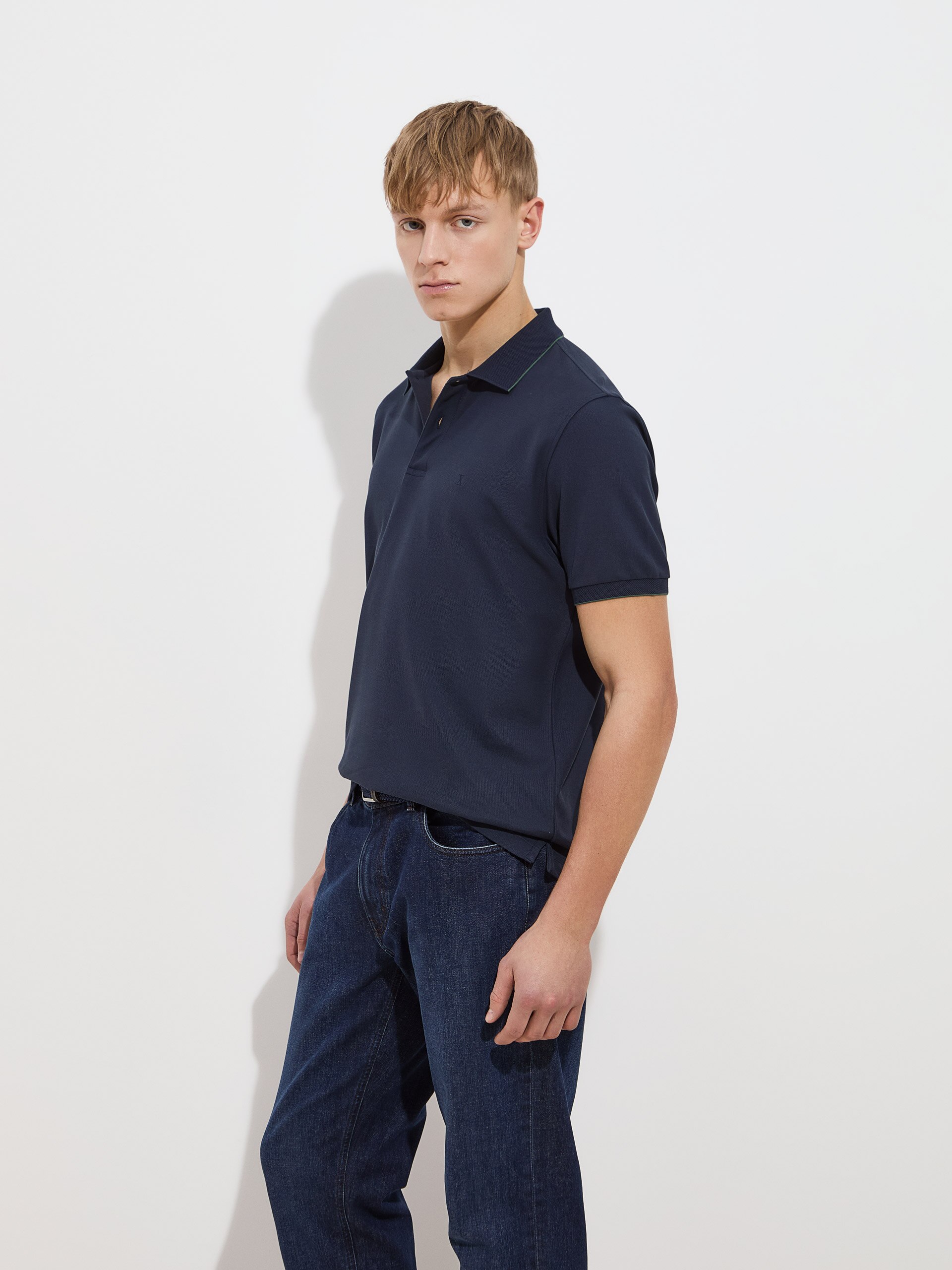Polo Piqué Regular Fit com Risca Azul-marinho-3