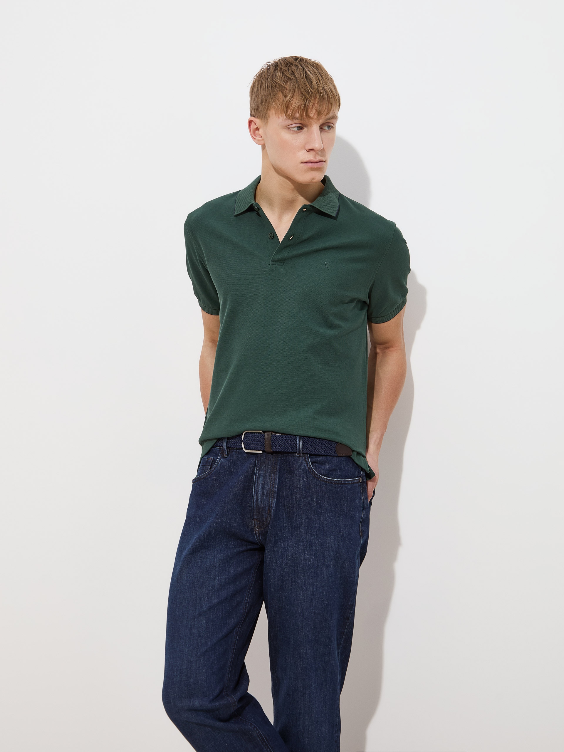 Polo Piqué Regular Fit com Risca Verde-escuro-1
