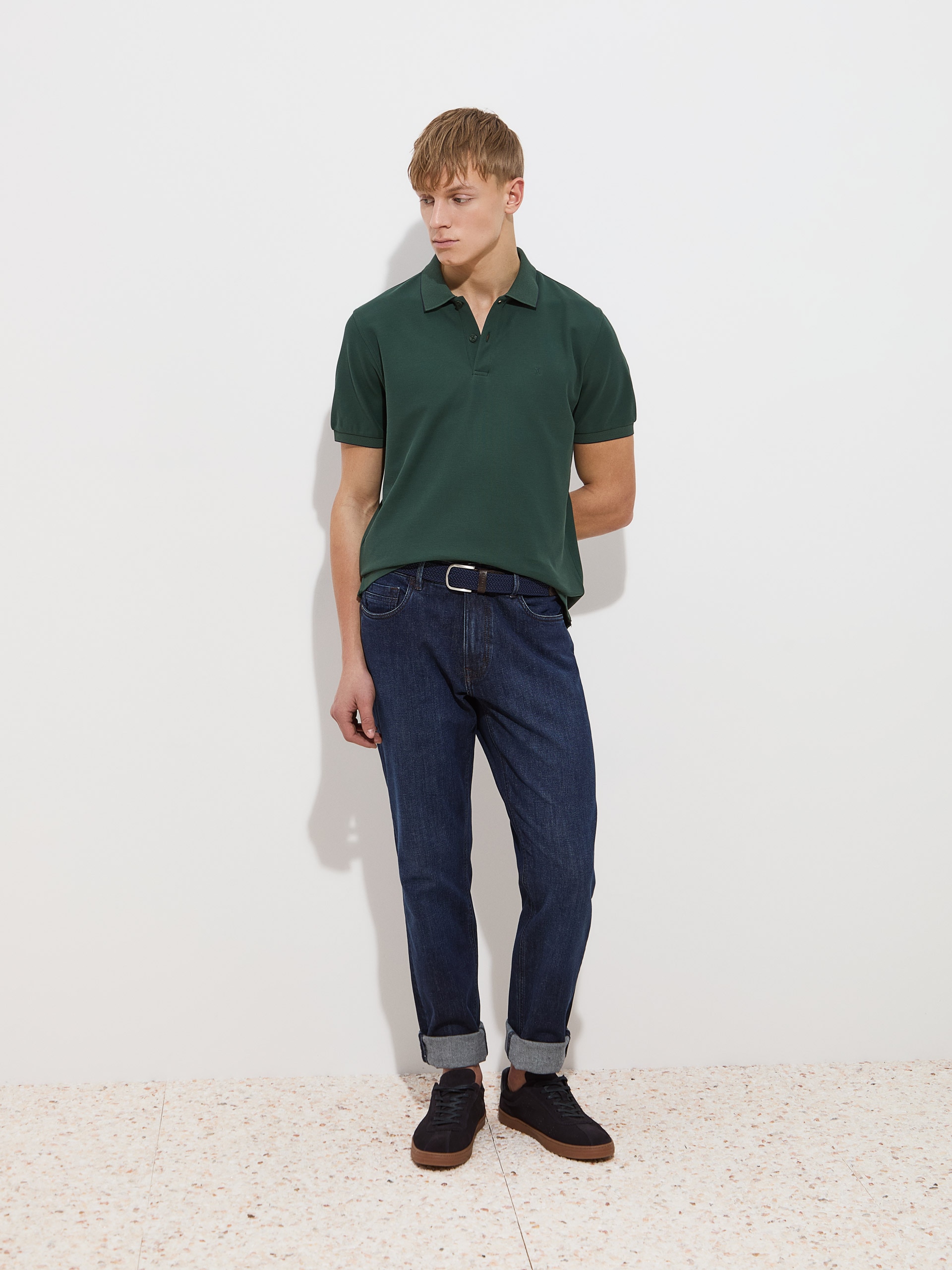 Polo Piqué Regular Fit com Risca Verde-escuro-2