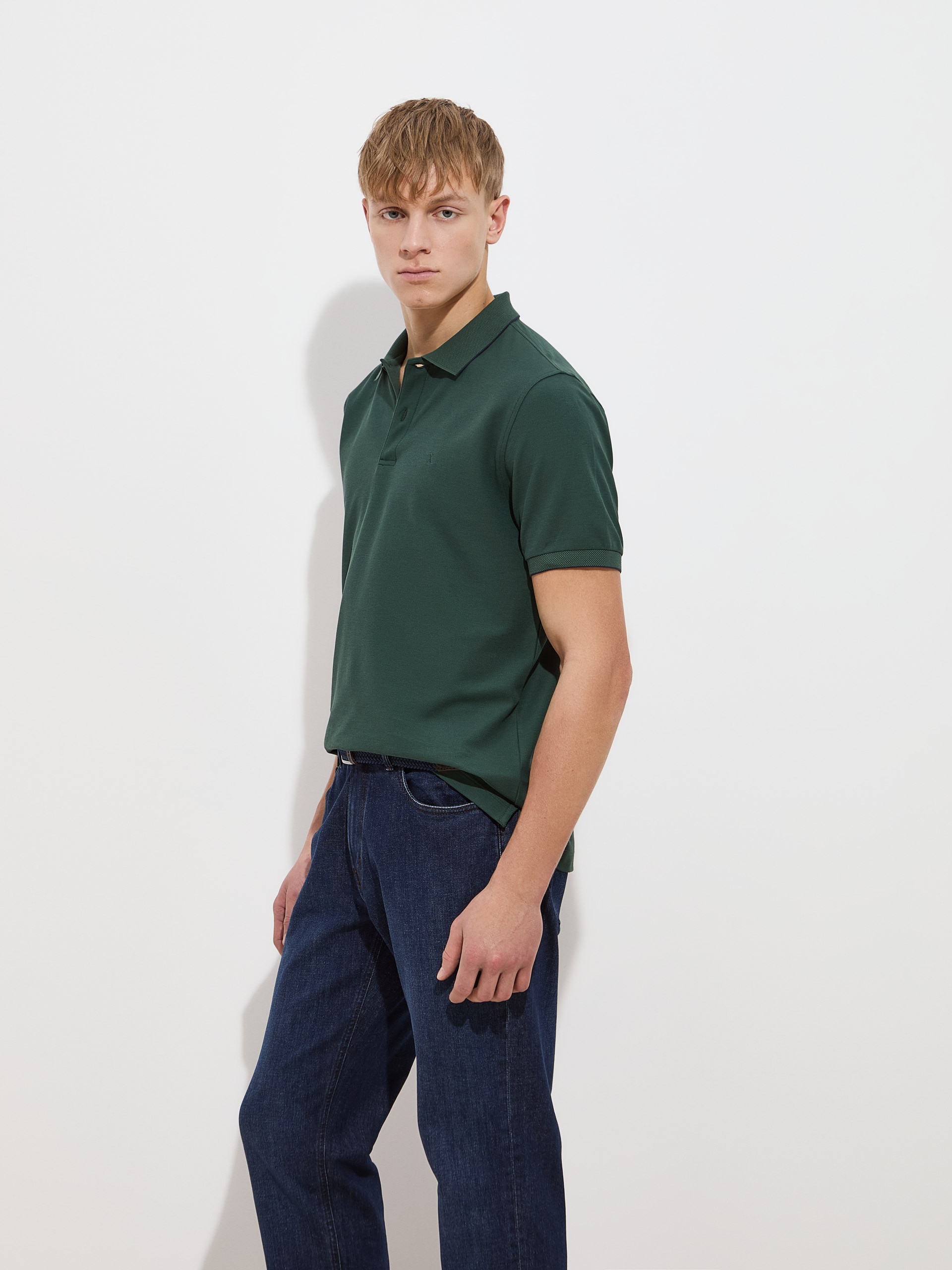 Polo Piqué Regular Fit com Risca Verde-escuro-3