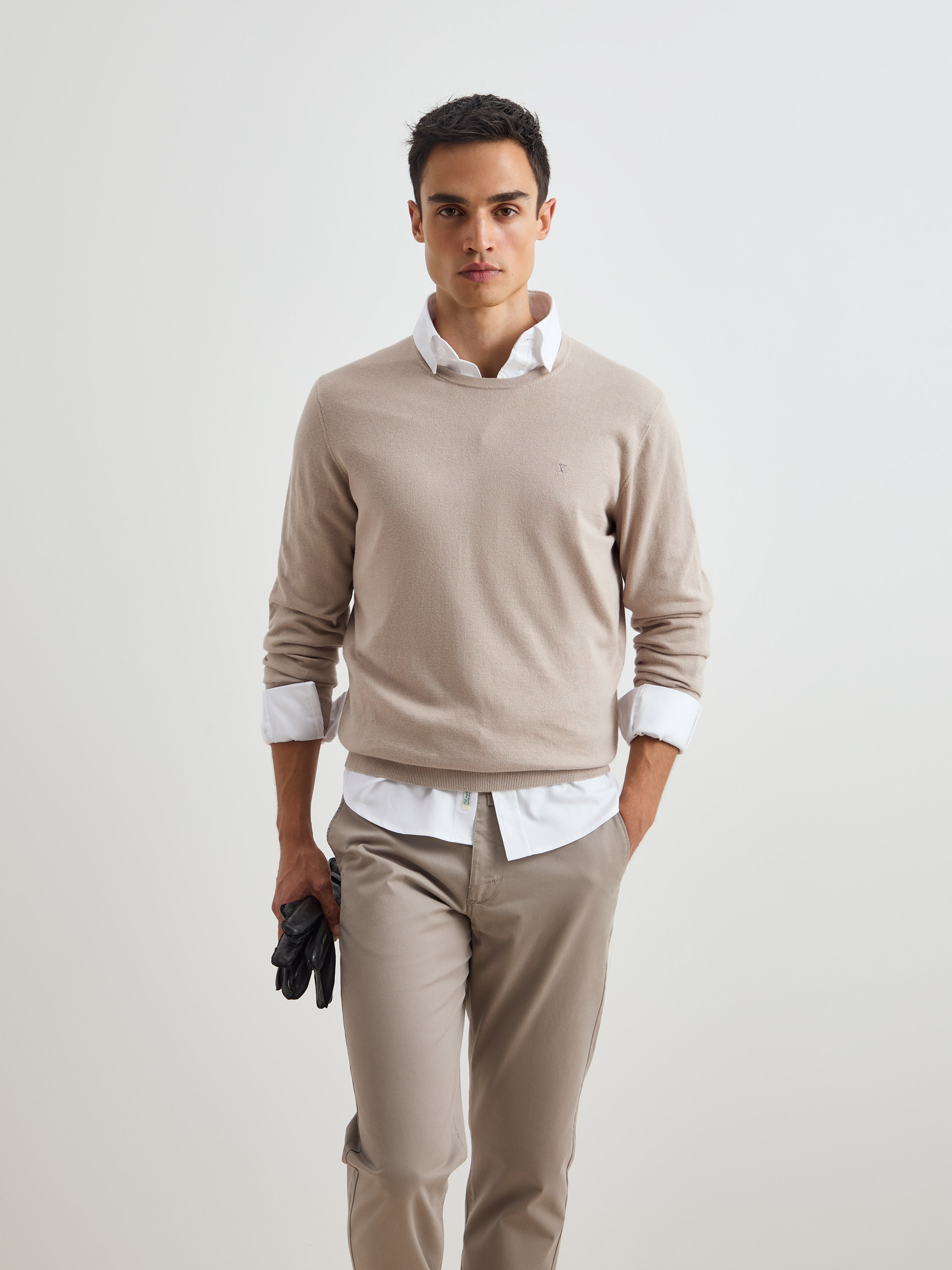 Pullover de Algodão e Caxemira Bege-1