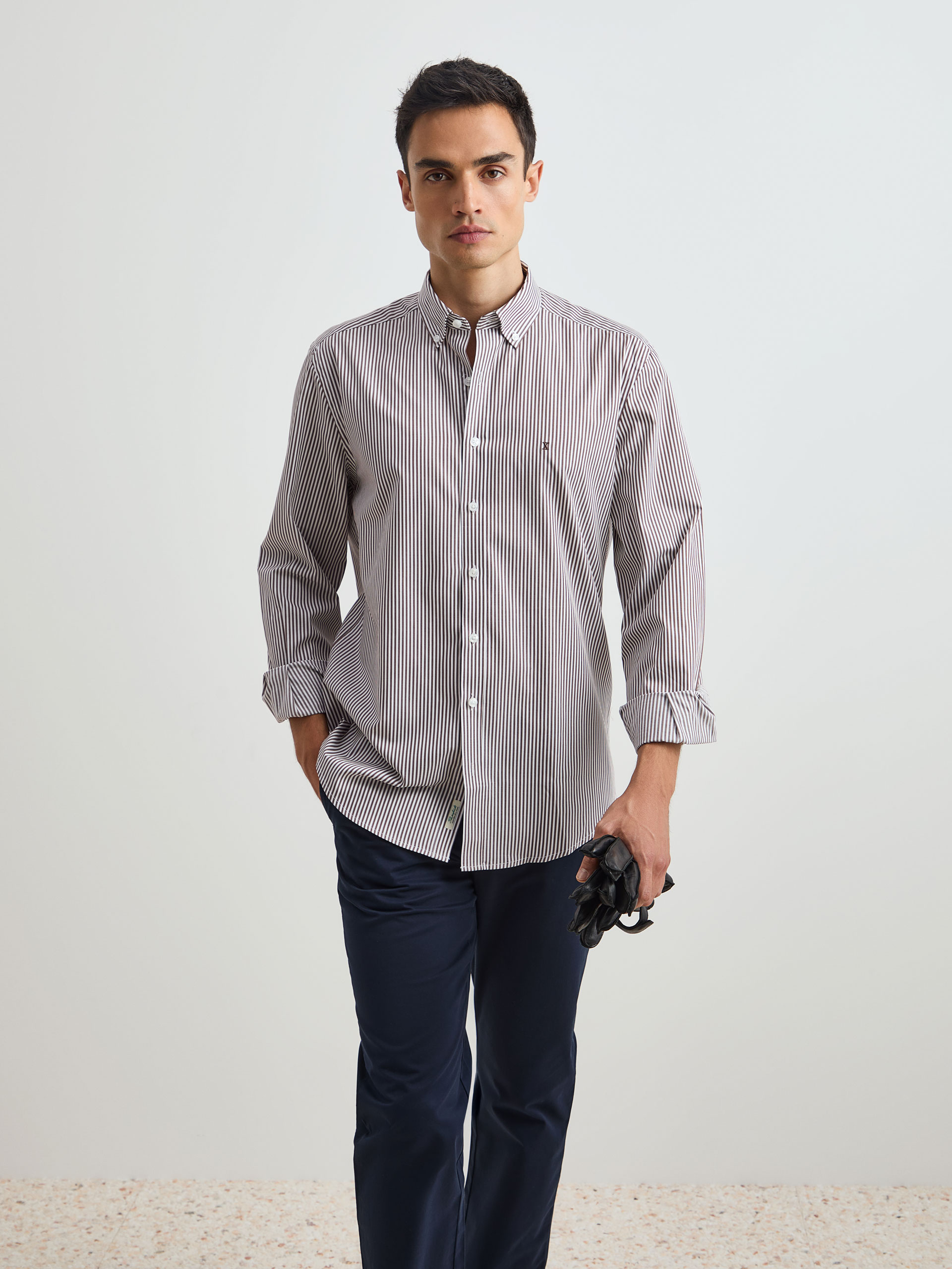 Camisa de Riscas Regular Fit Castanho-escuro-2