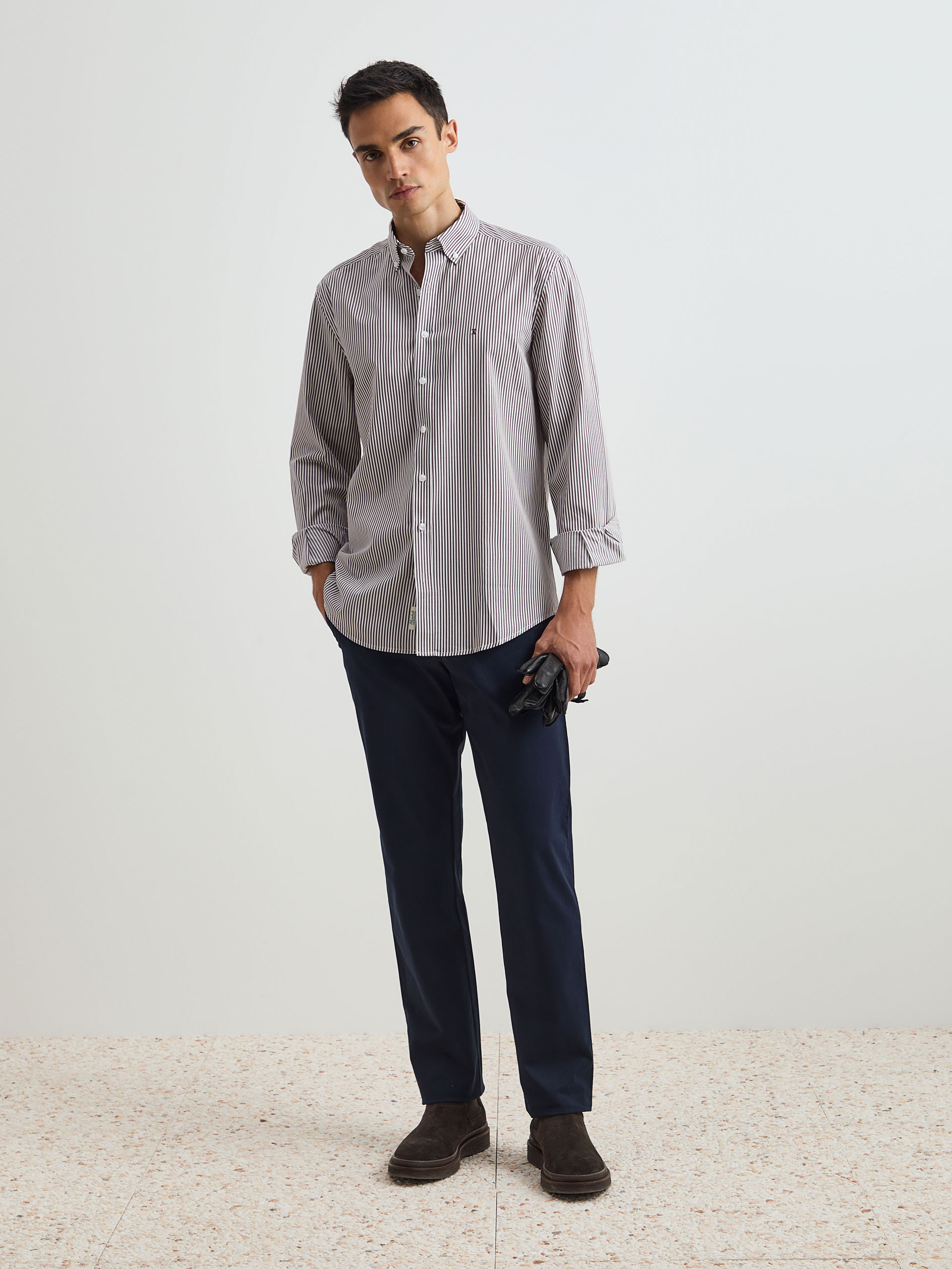 Camisa de Riscas Regular Fit Castanho-escuro-3
