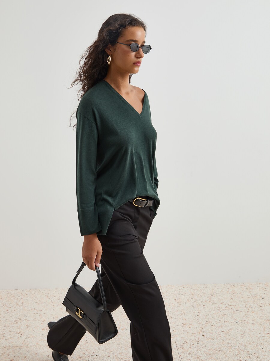 Camisola Lã Decote em V Verde-escuro-2