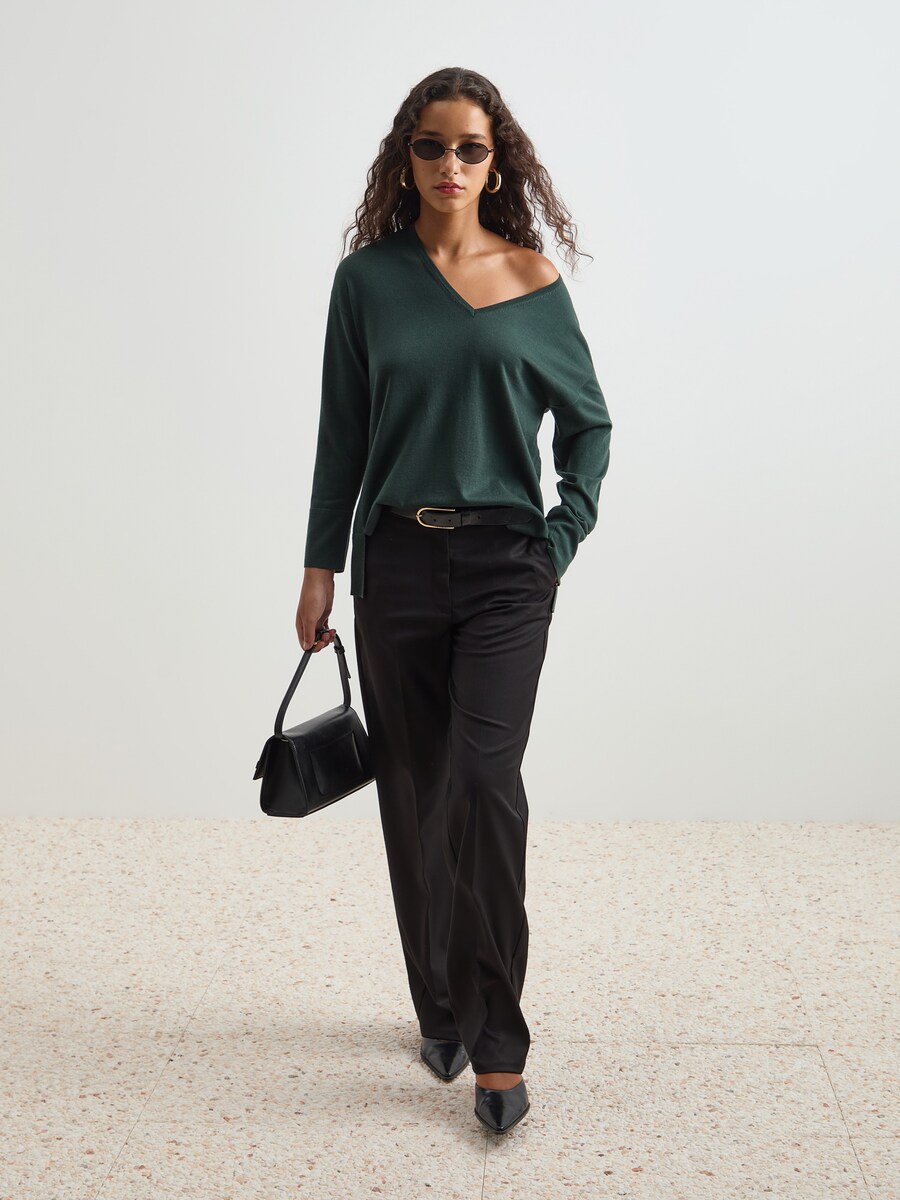 Camisola Lã Decote em V Verde-escuro-3