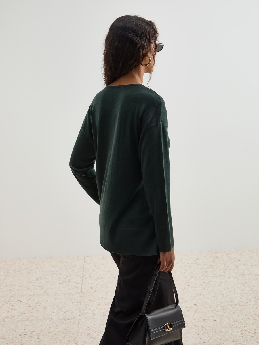 Camisola Lã Decote em V Verde-escuro-4