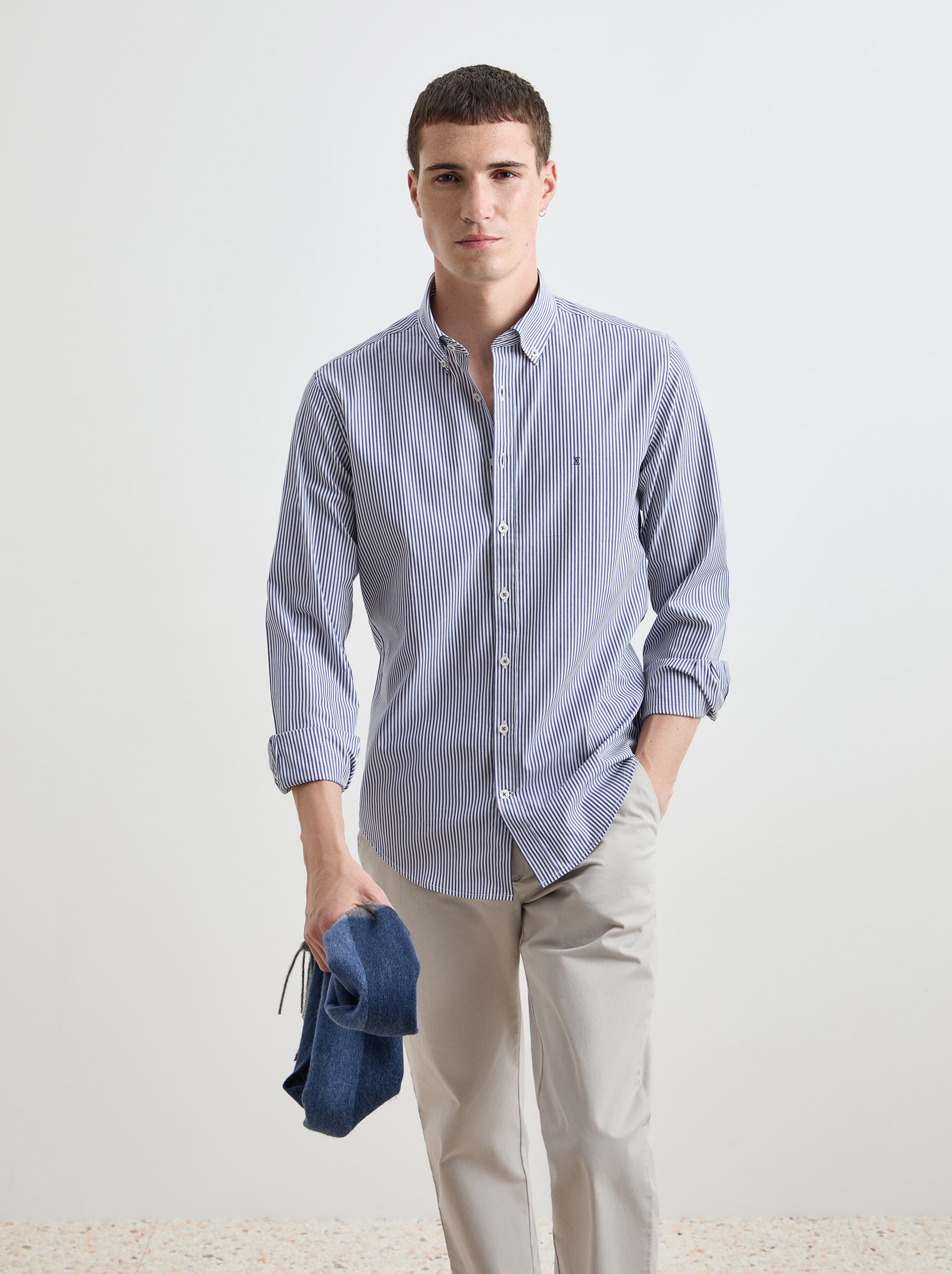 Camisa de Algodão às Riscas Slim Fit Azul-marinho-1