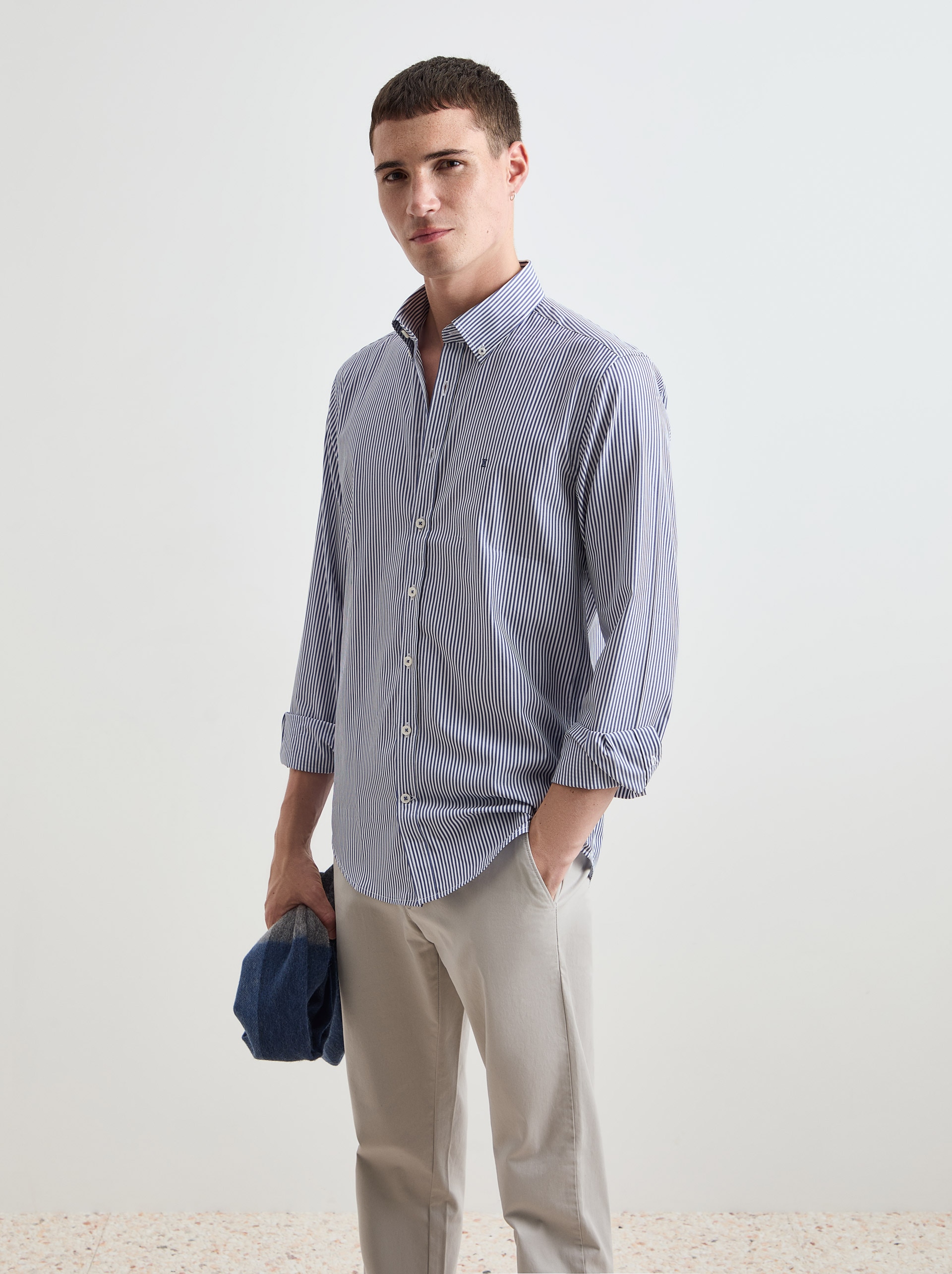 Camisa de Algodão às Riscas Slim Fit Azul-marinho-2