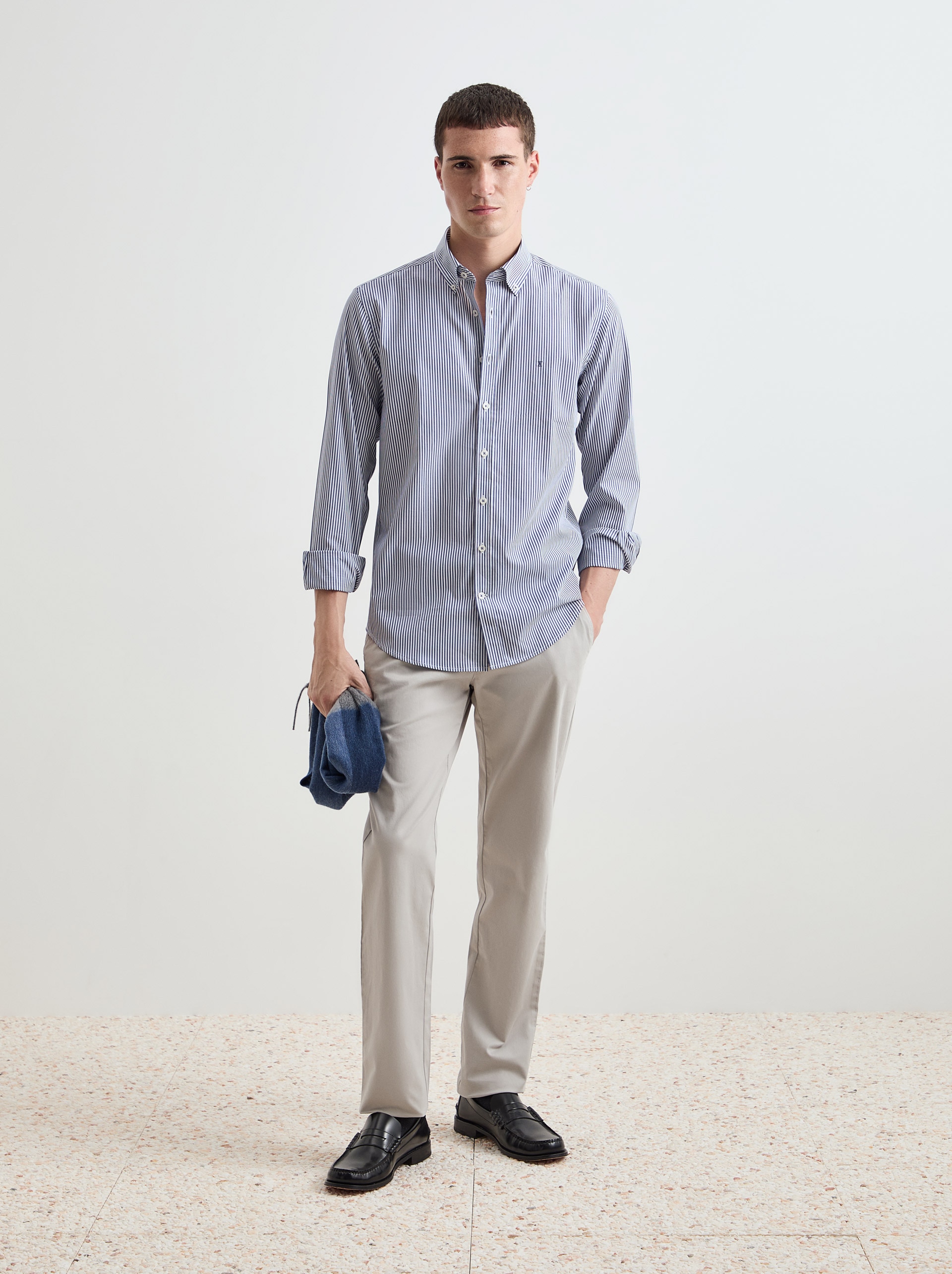 Camisa de Algodão às Riscas Slim Fit Azul-marinho-3