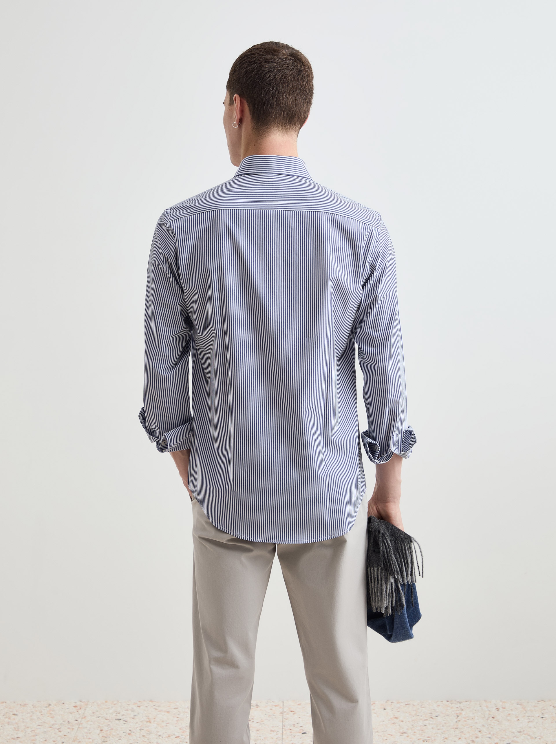 Camisa de Algodão às Riscas Slim Fit Azul-marinho-4