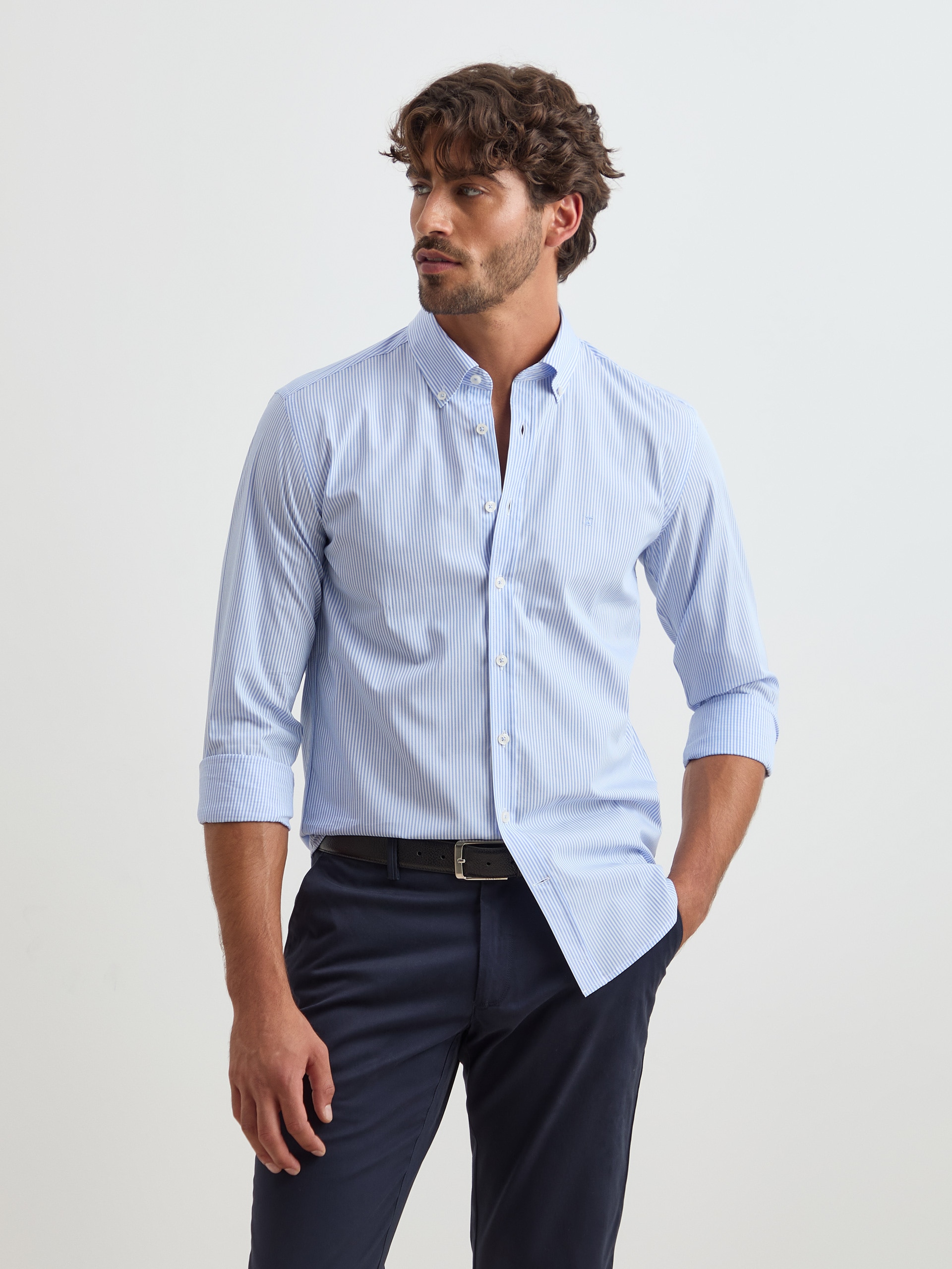 Camisa às Riscas em Algodão Slim Fit Azul-1
