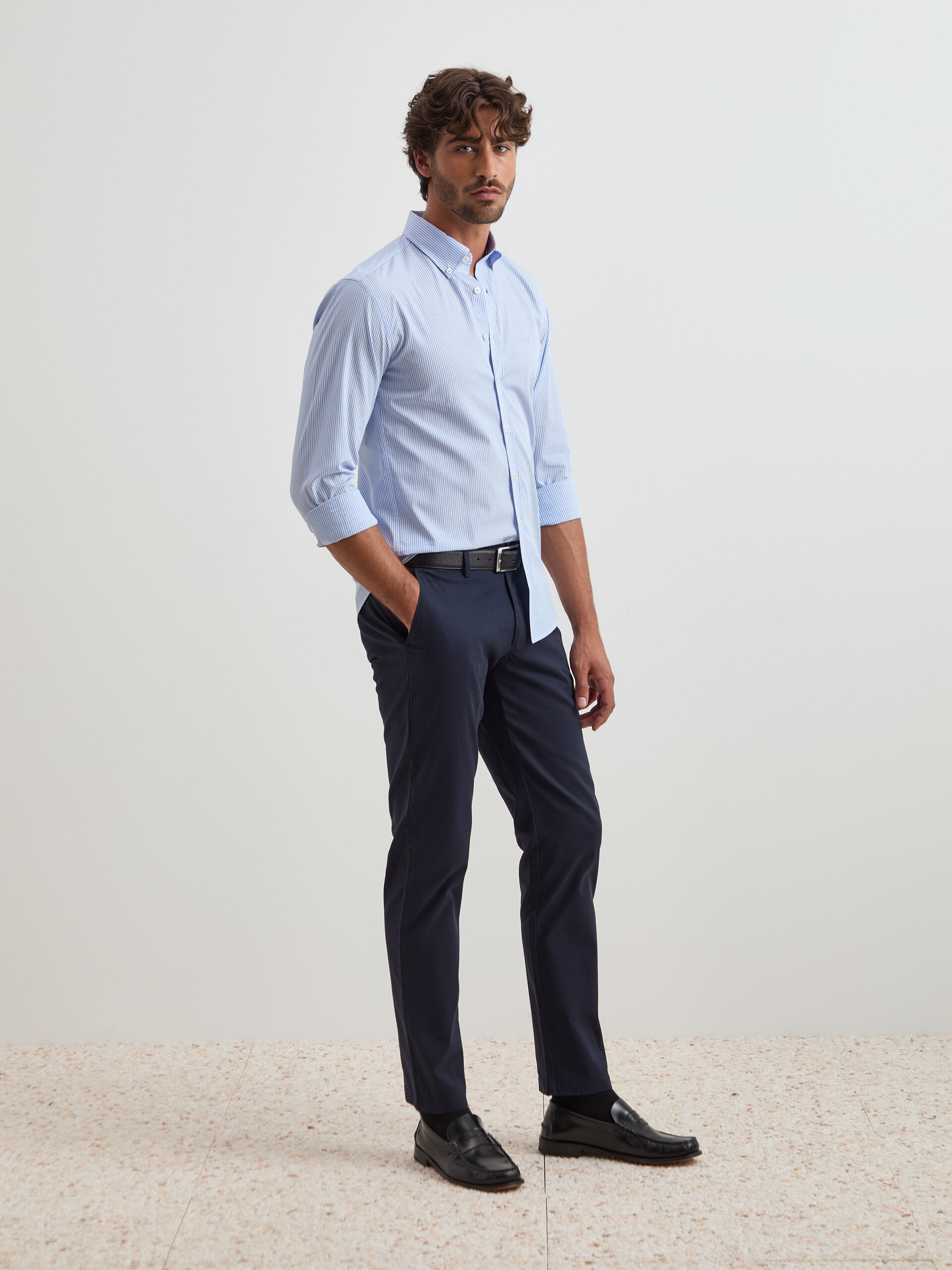 Camisa às Riscas em Algodão Slim Fit Azul-2