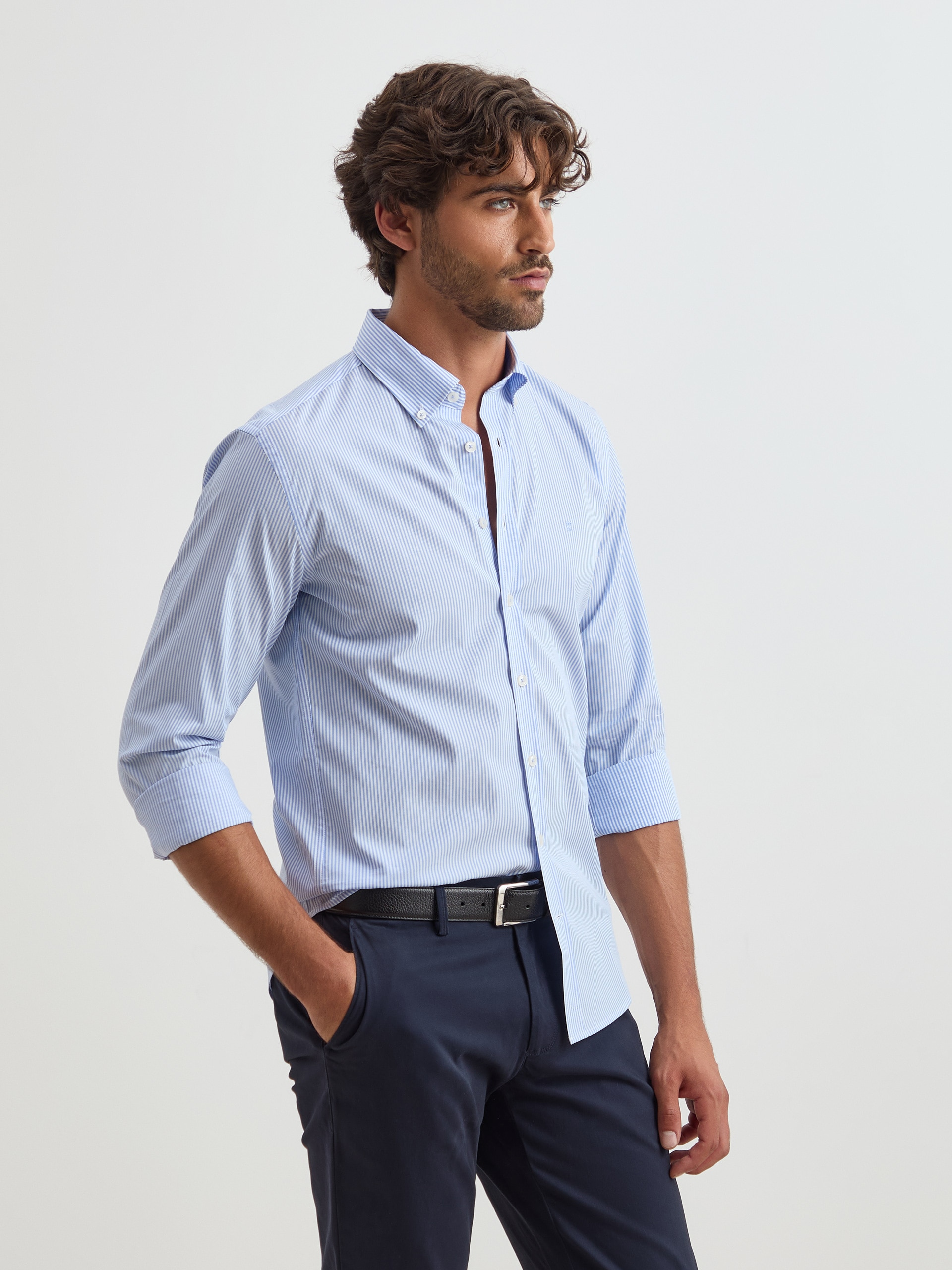 Camisa às Riscas em Algodão Slim Fit Azul-3
