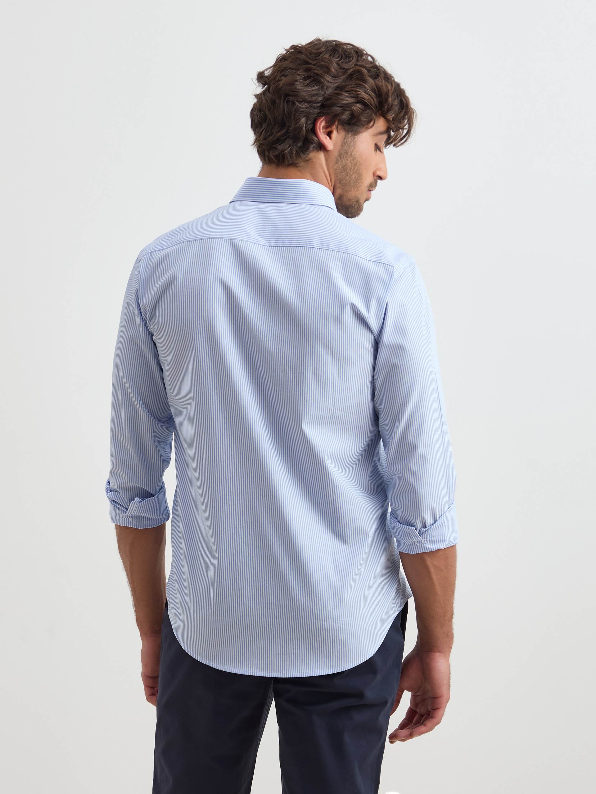 Camisa às Riscas em Algodão Slim Fit Azul-4