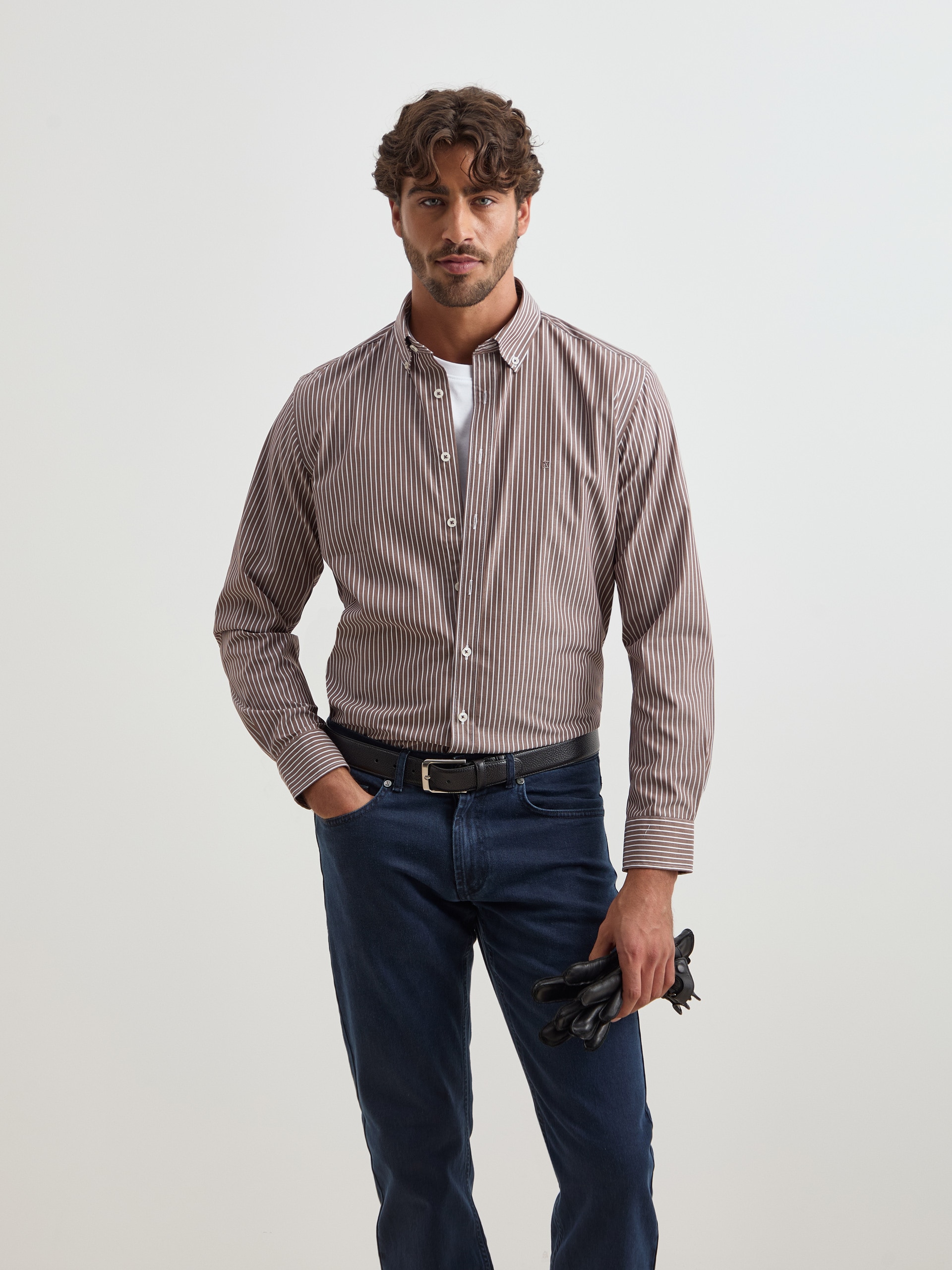 Camisa de Algodão às Riscas Regular Fit Castanho-1