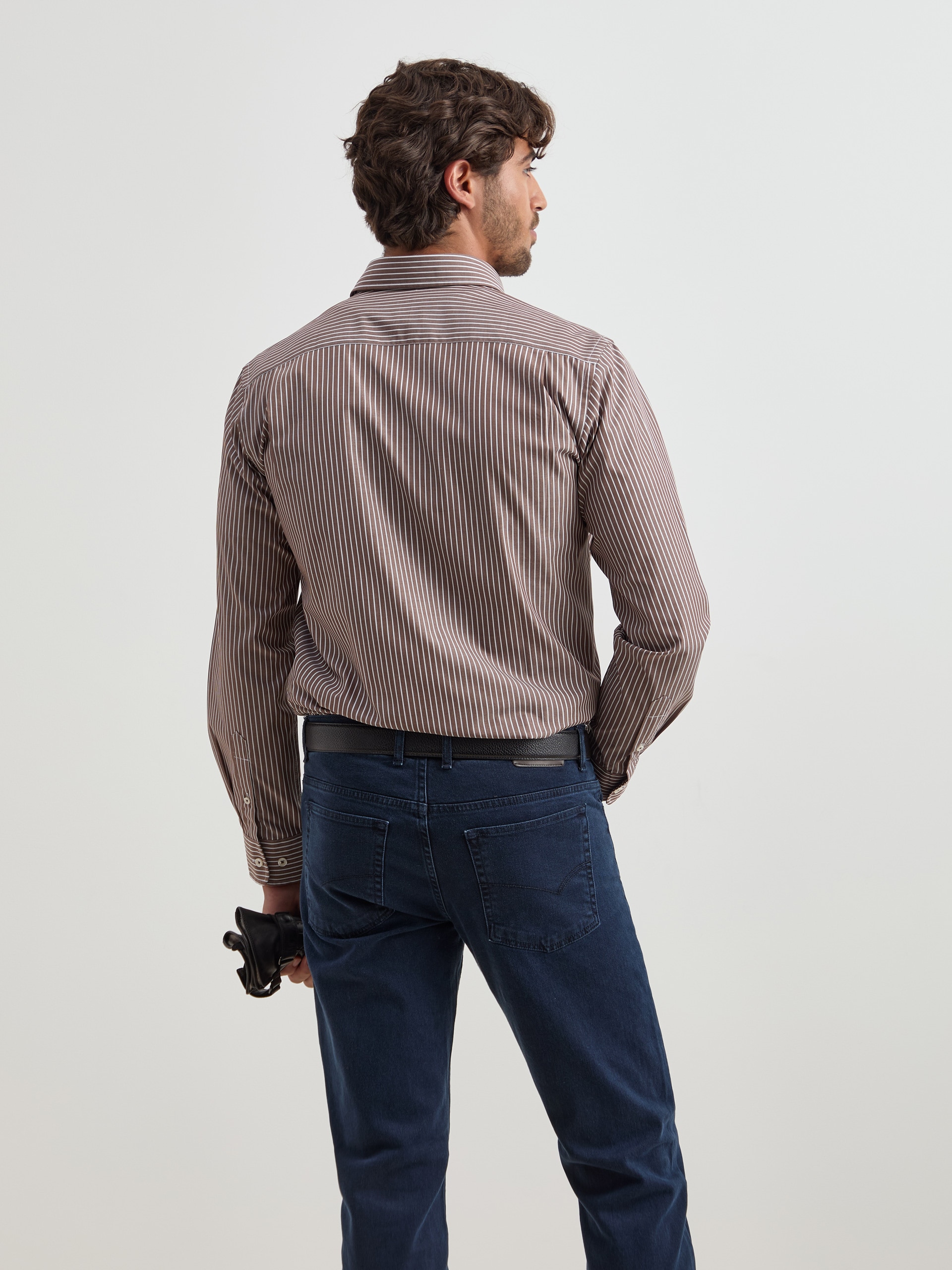 Camisa de Algodão às Riscas Regular Fit Castanho-4