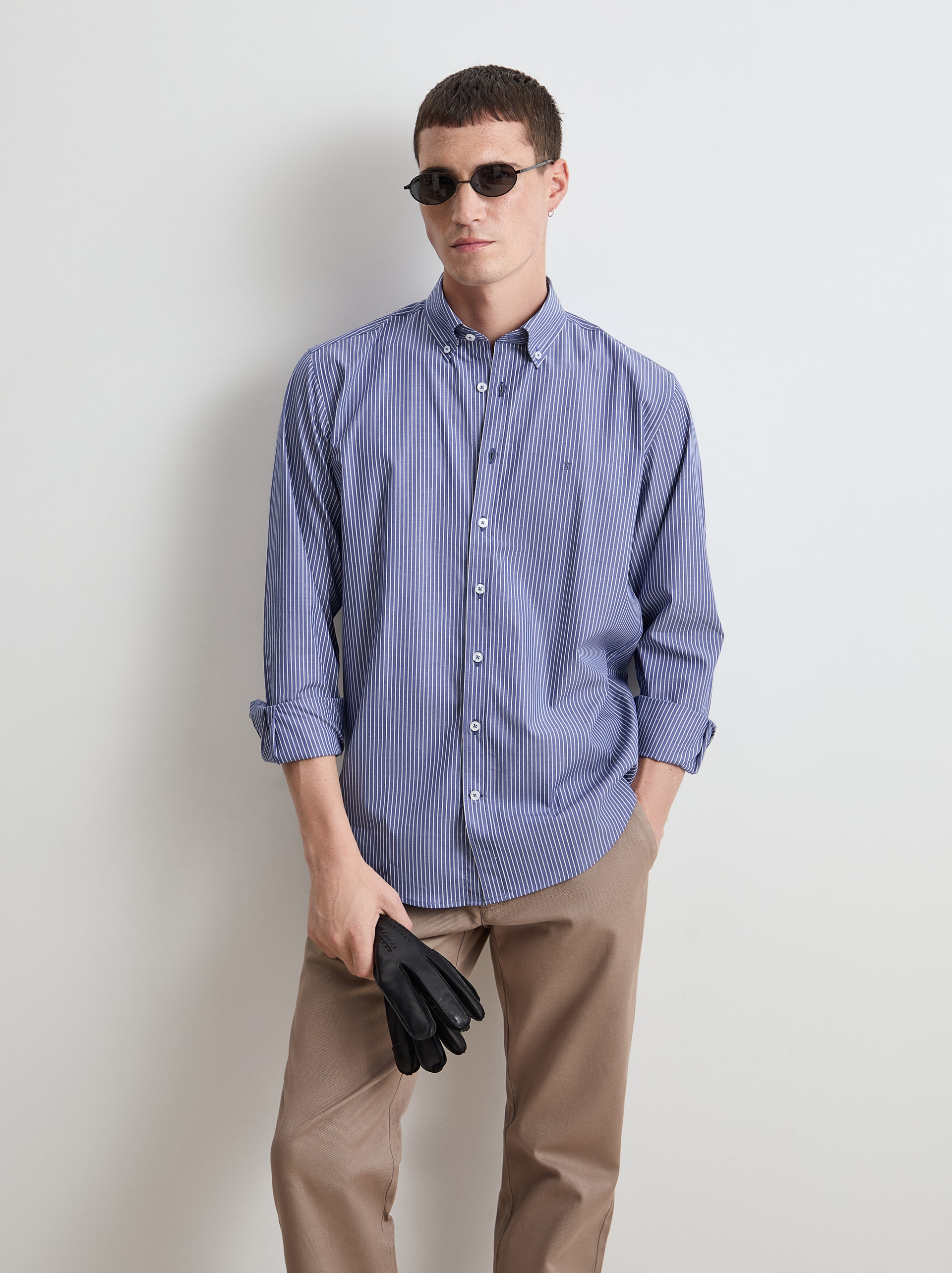 Camisa de Algodão às Riscas Regular Fit Azul-índigo-1