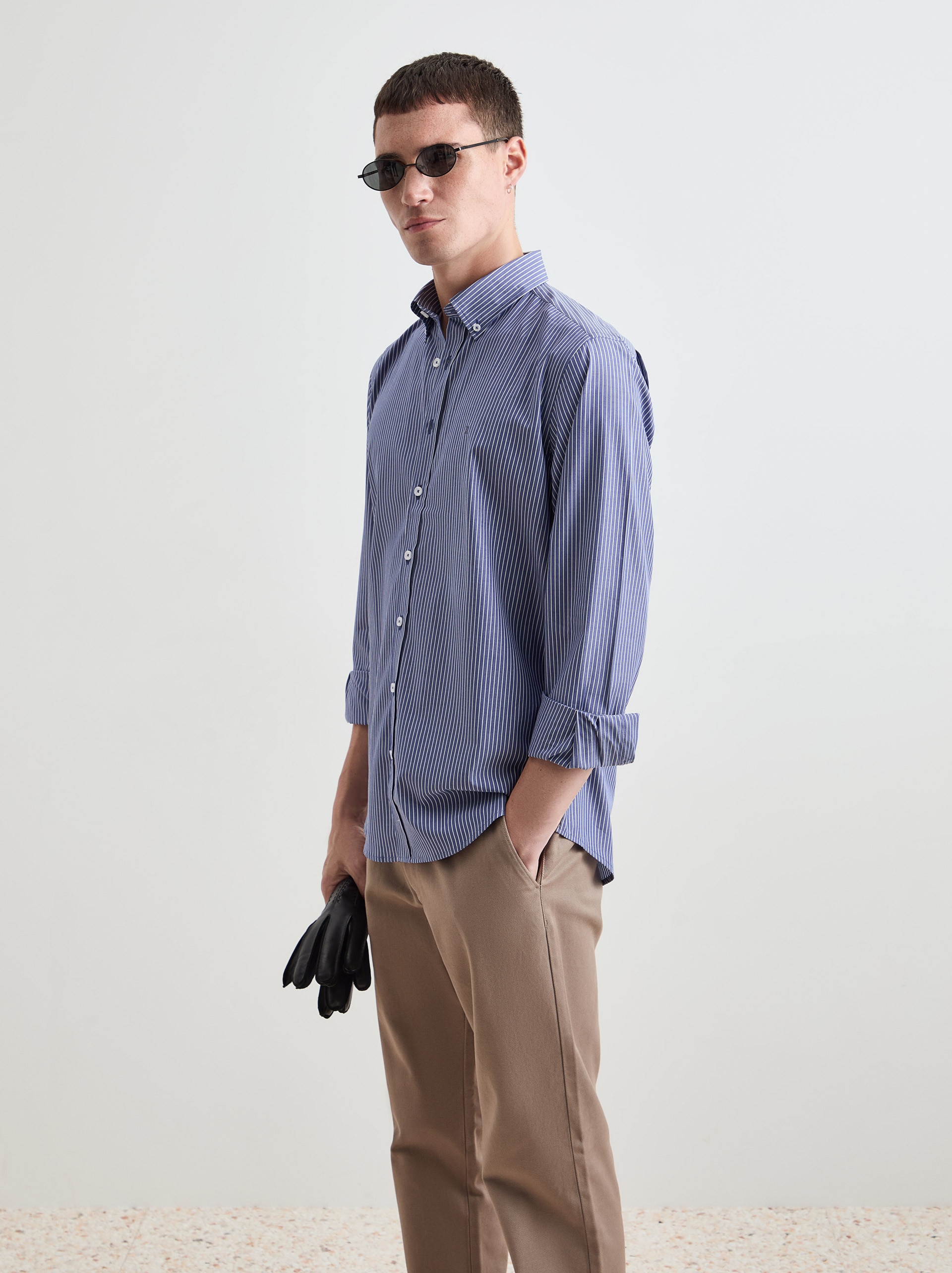 Camisa de Algodão às Riscas Regular Fit Azul-índigo-2