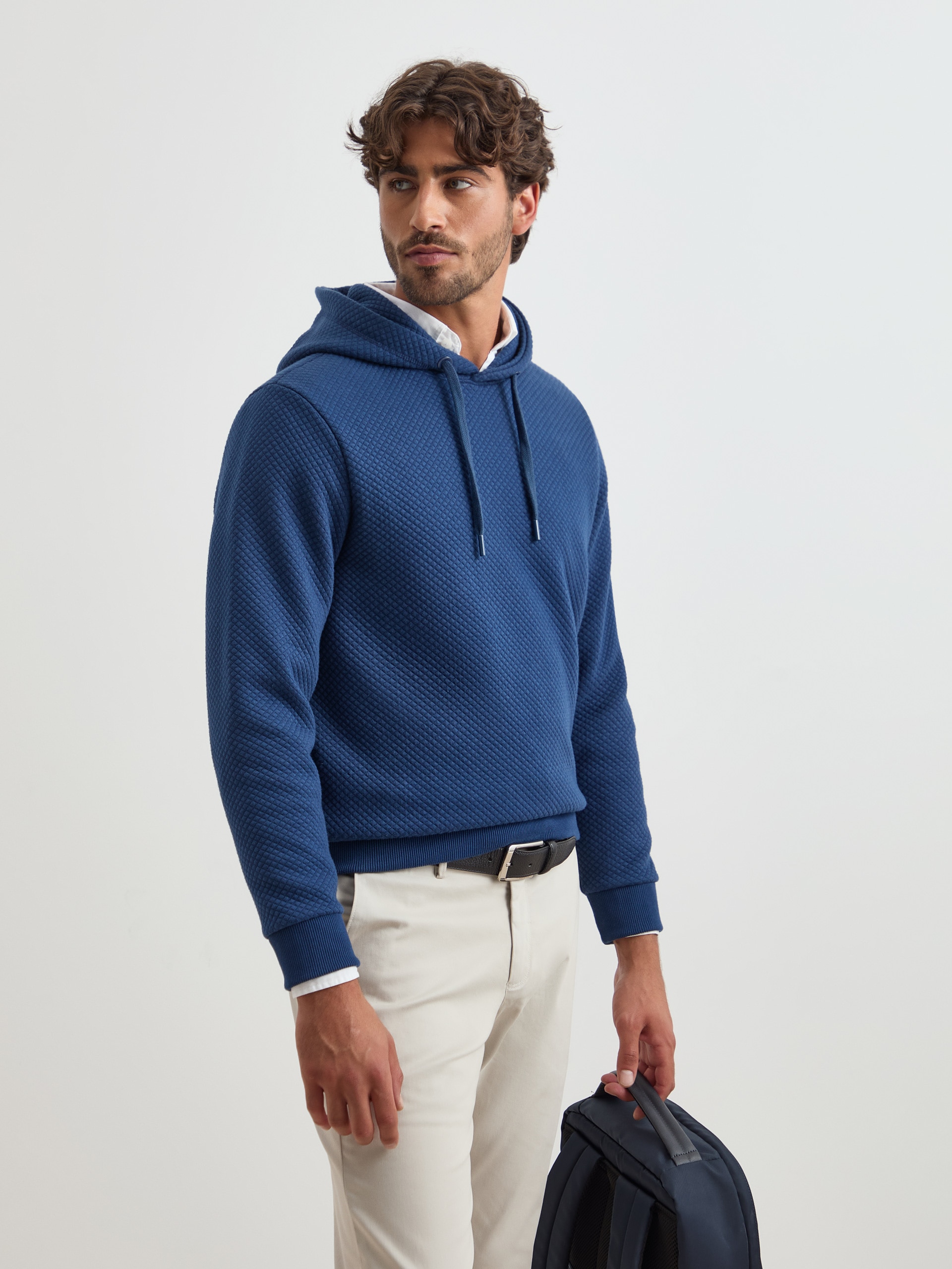 Sweater de Malha Texturizada com Capuz Azul-3