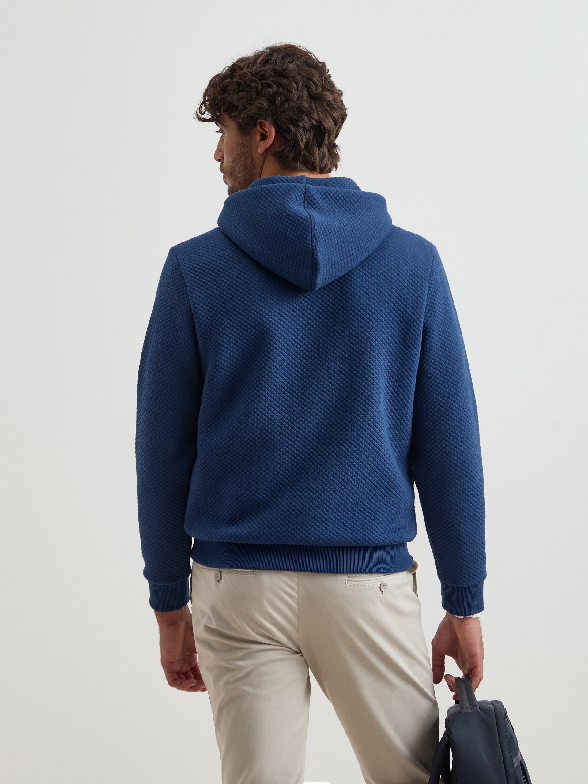 Sweater de Malha Texturizada com Capuz Azul-4