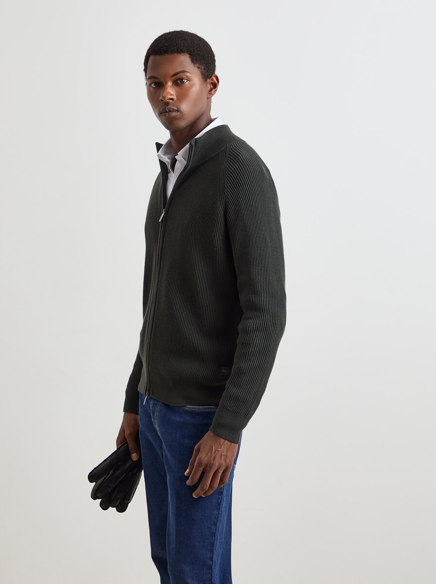 Casaco de Malha Tricotada com Algodão Verde-escuro-3