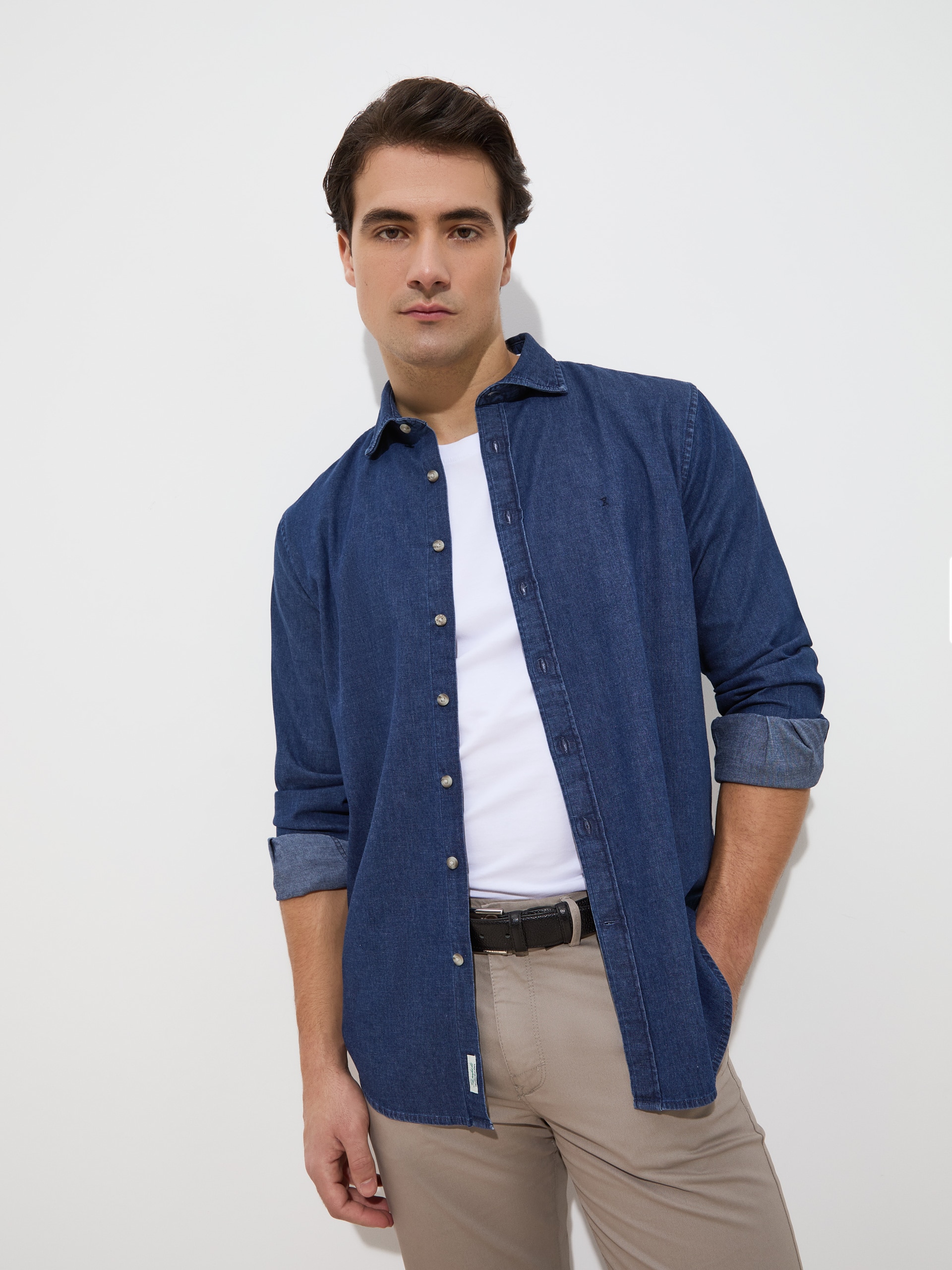 Camisa Regular Fit com Algodão Azul-índigo-1