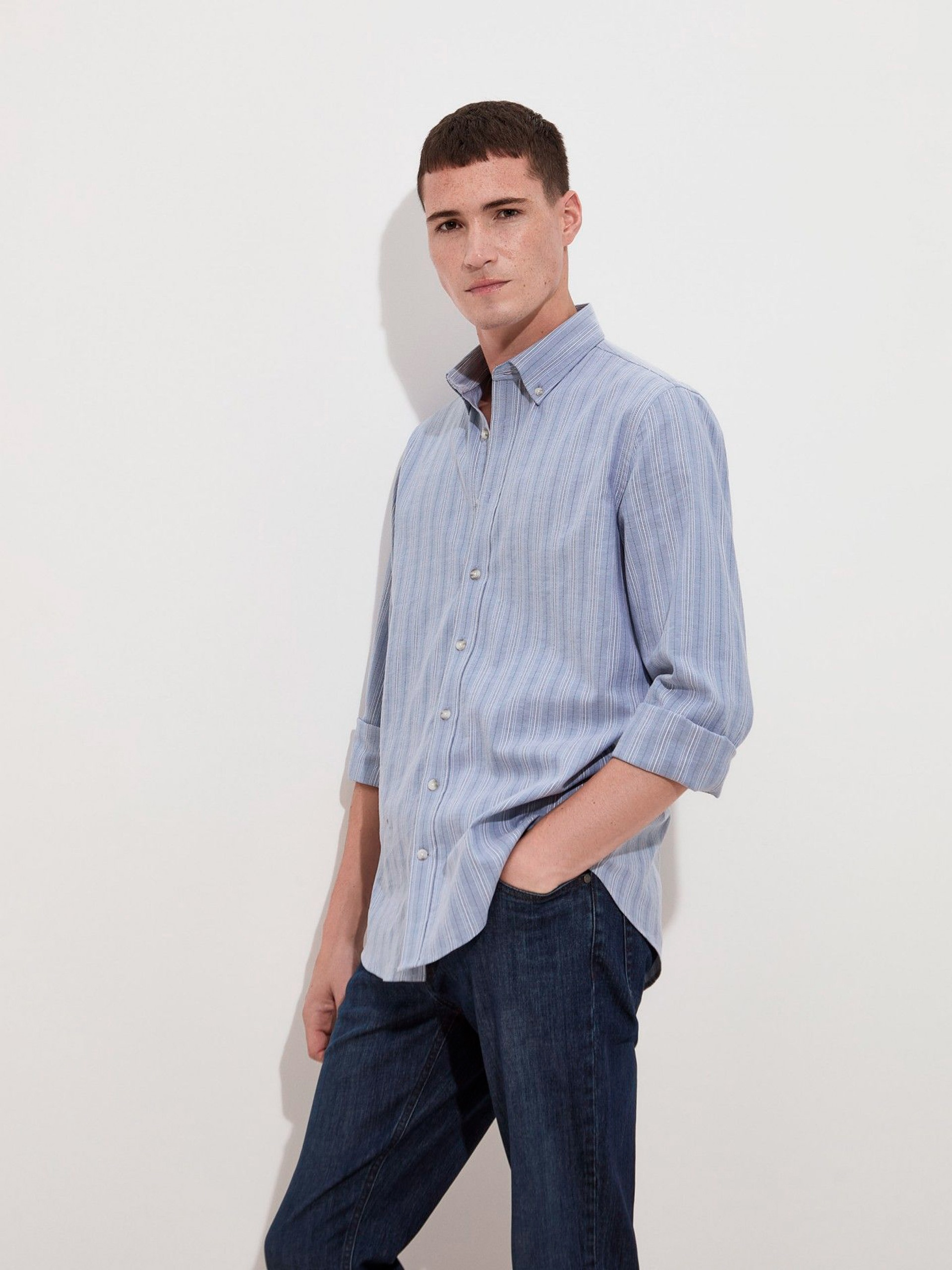 Camisa Regular Fit de Algodão Azul-3