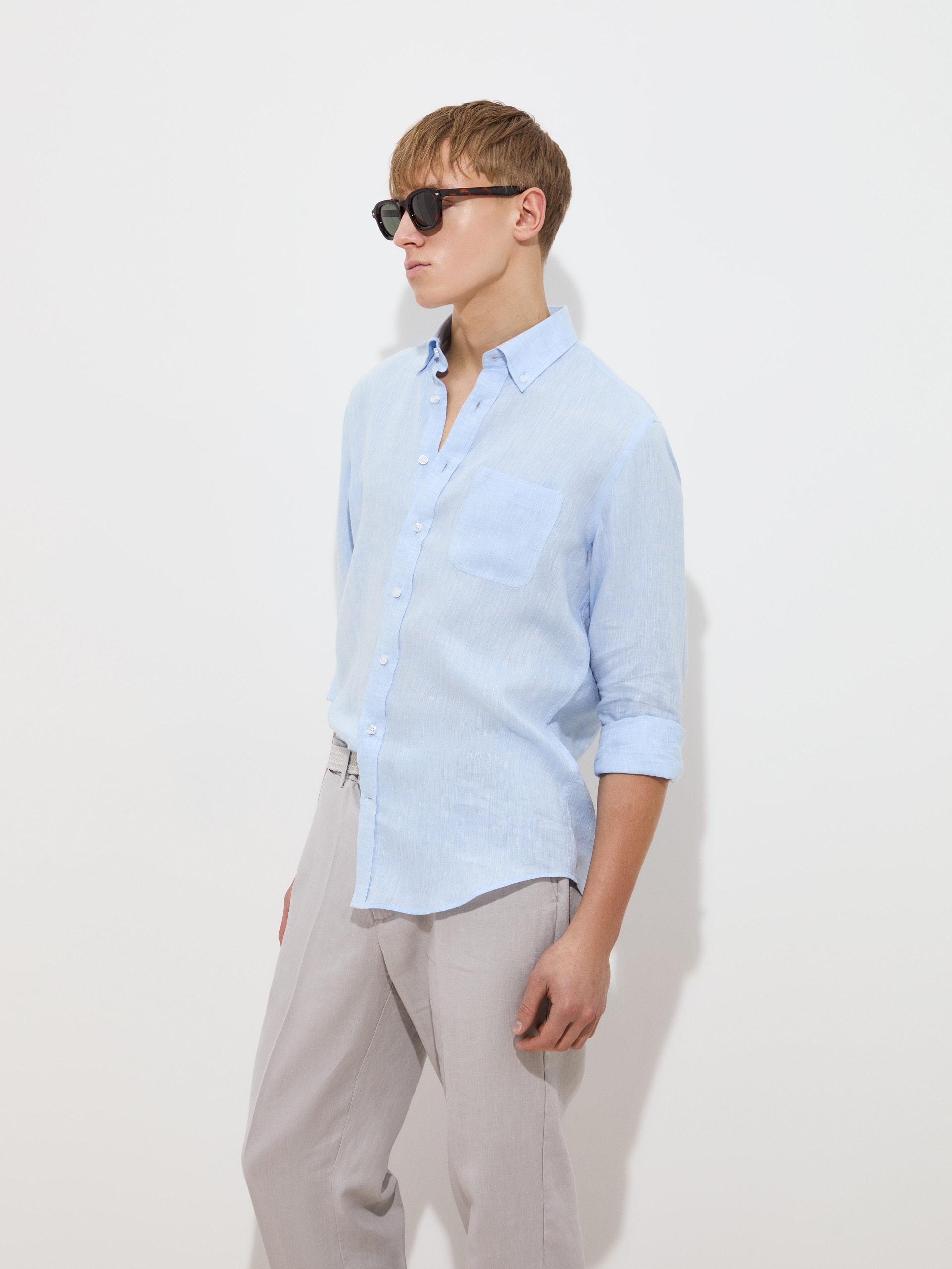 Camisa Regular Fit de Linho Azul-claro-3
