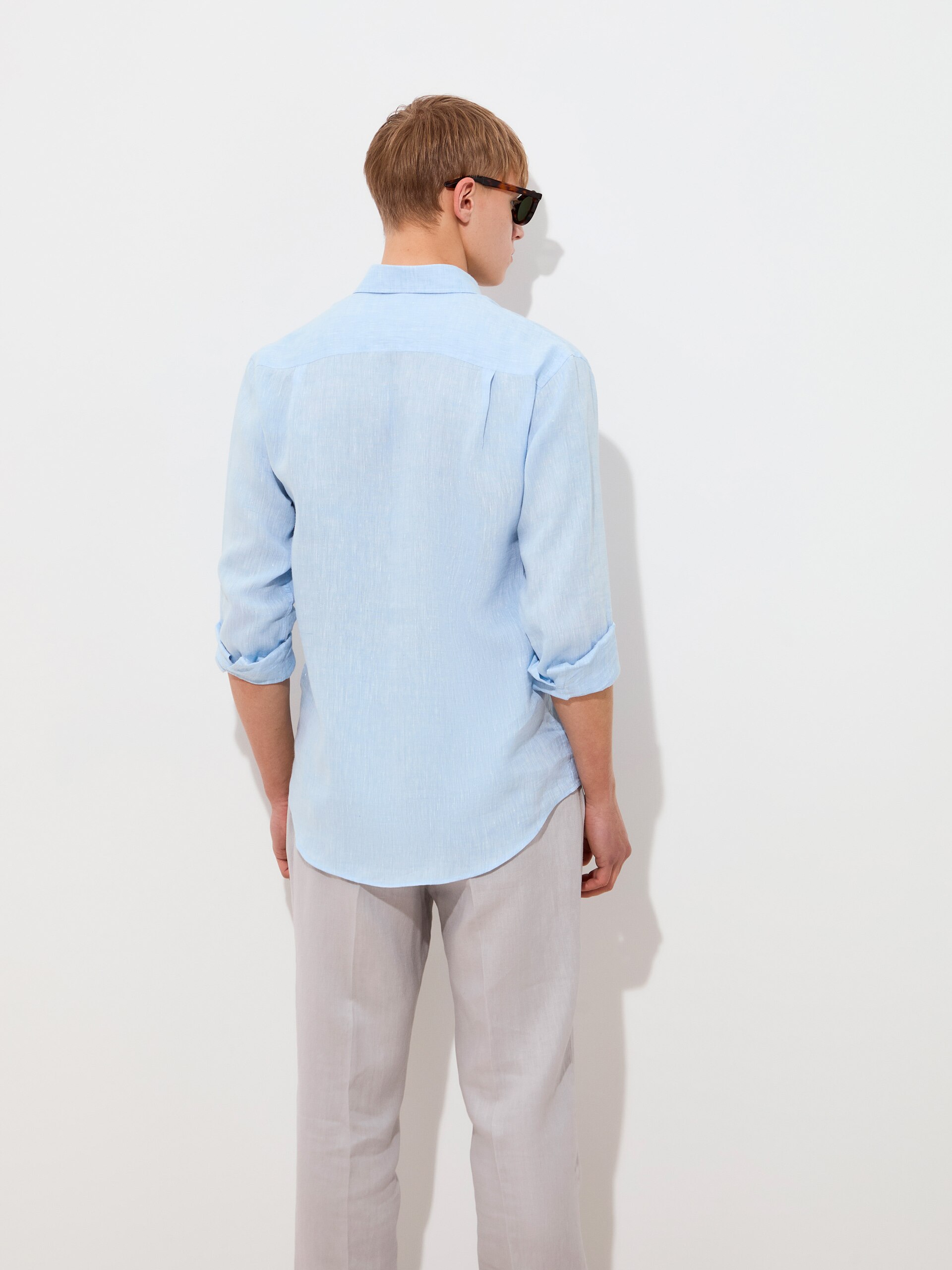 Camisa Regular Fit de Linho Azul-claro-4