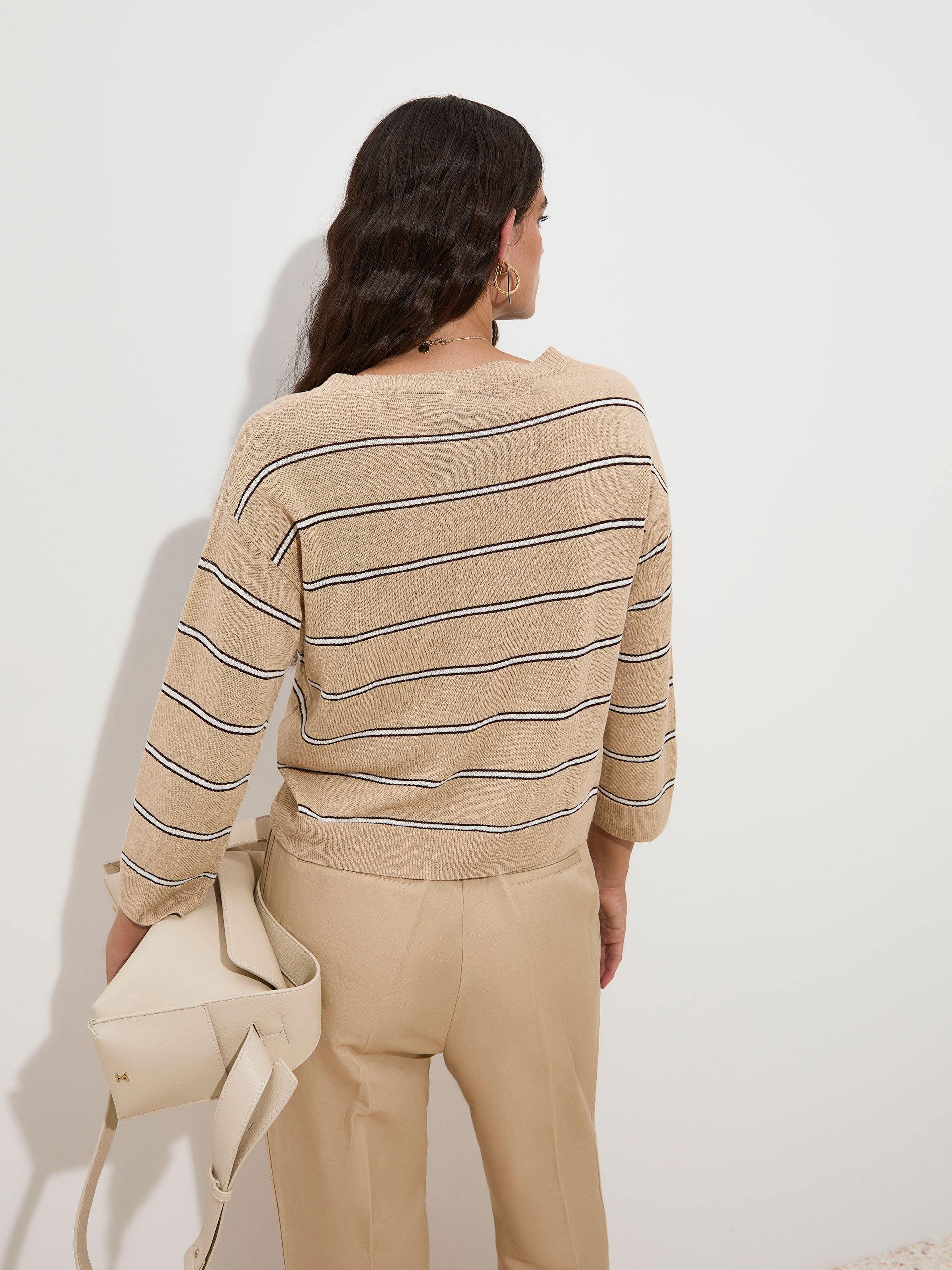 Camisola de Malha às Riscas Bege-4