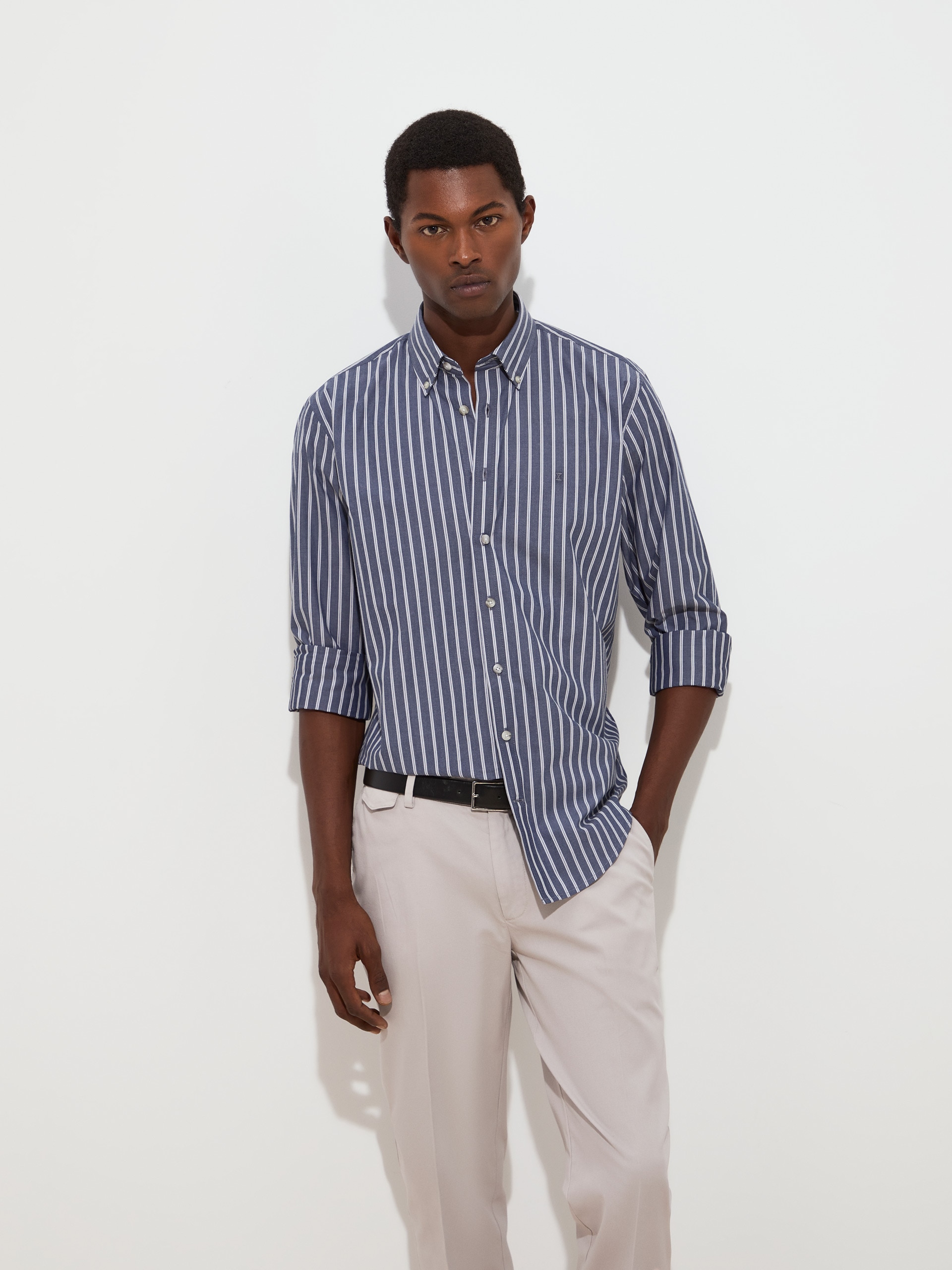 Camisa em Algodão às Riscas Azul-marinho-1