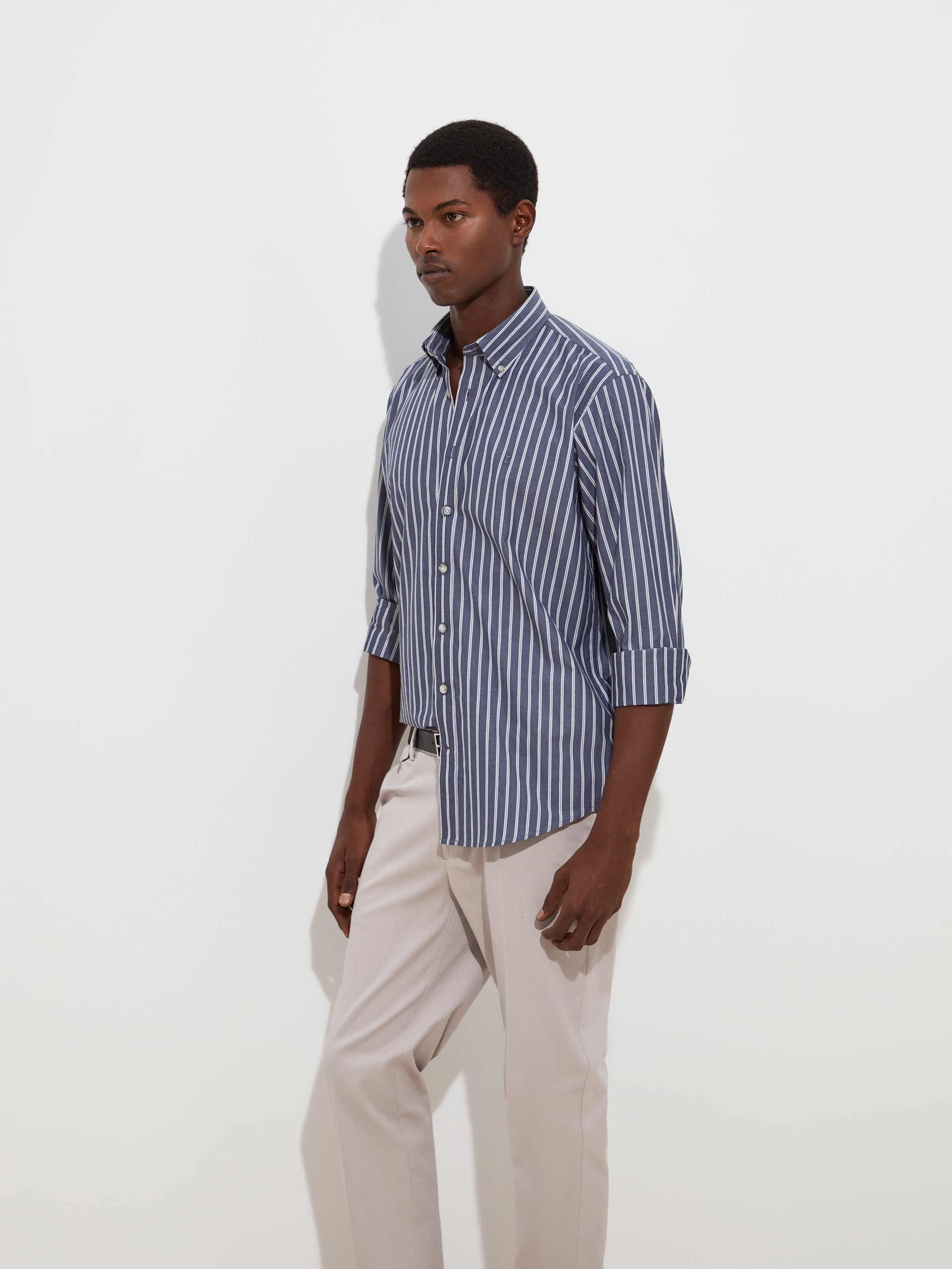 Camisa em Algodão às Riscas Azul-marinho-3