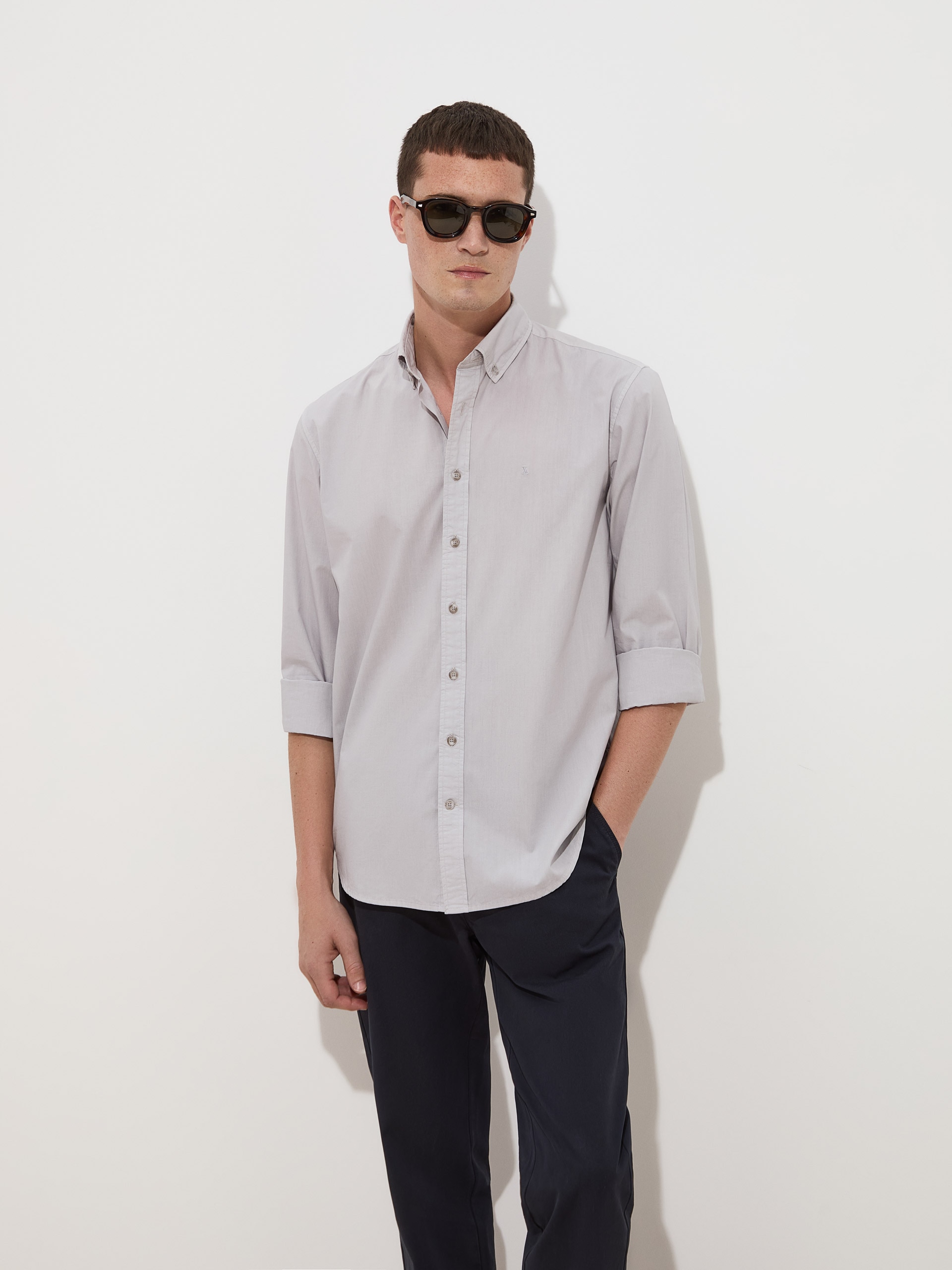 Camisa Regular Fit de Algodão Cinzento-3