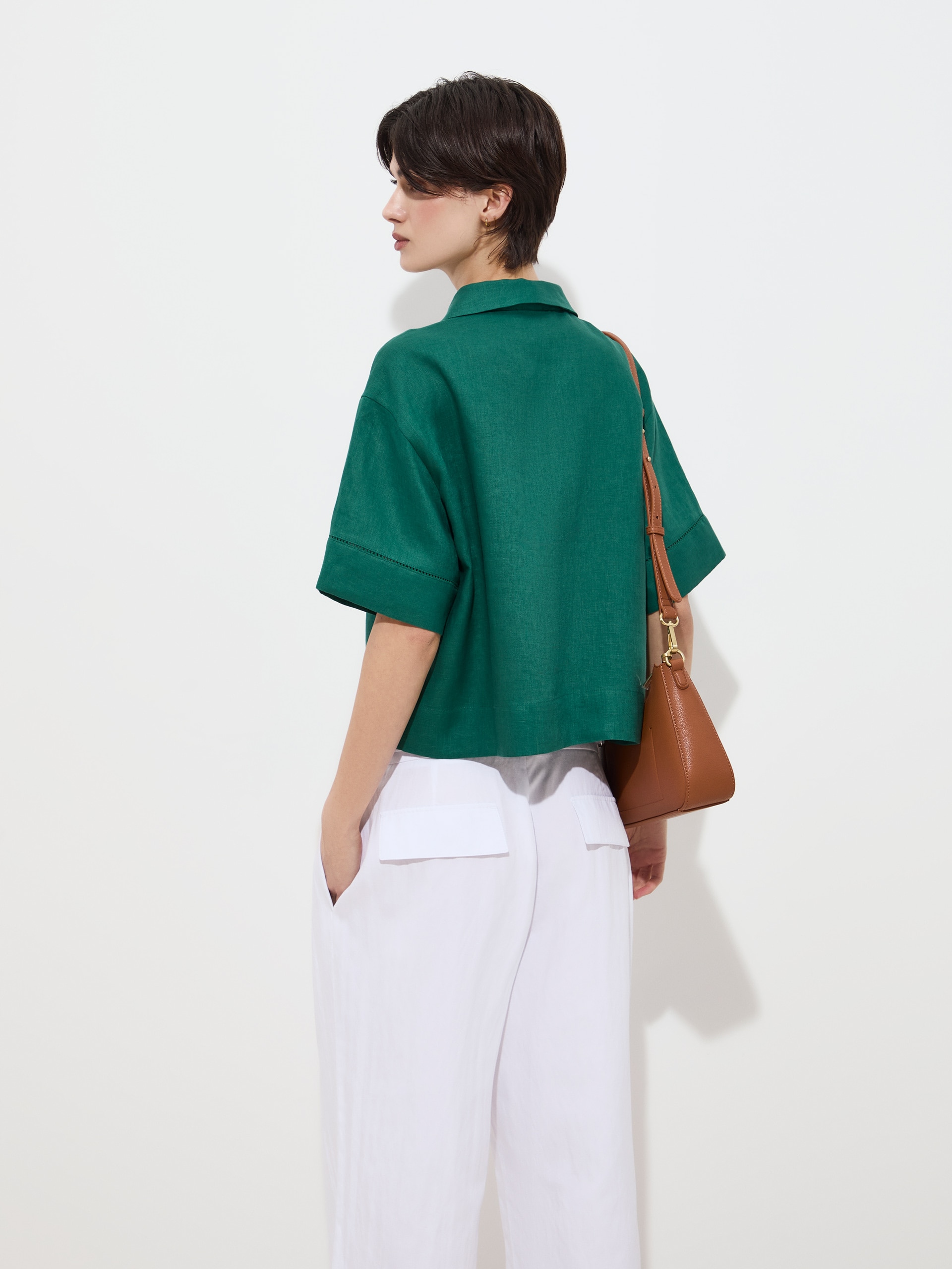 Blusa de Manga Curta em Linho Verde-escuro-4