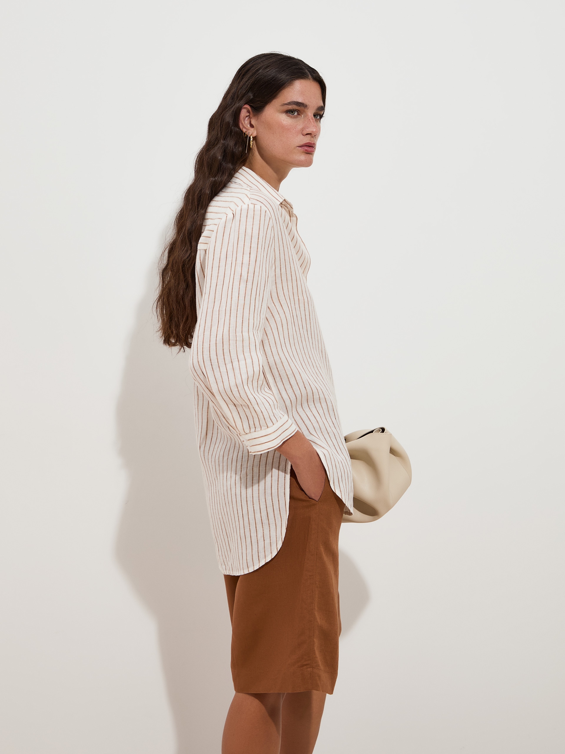 Camisa Regular Fit em Linho com Riscas Branco-3
